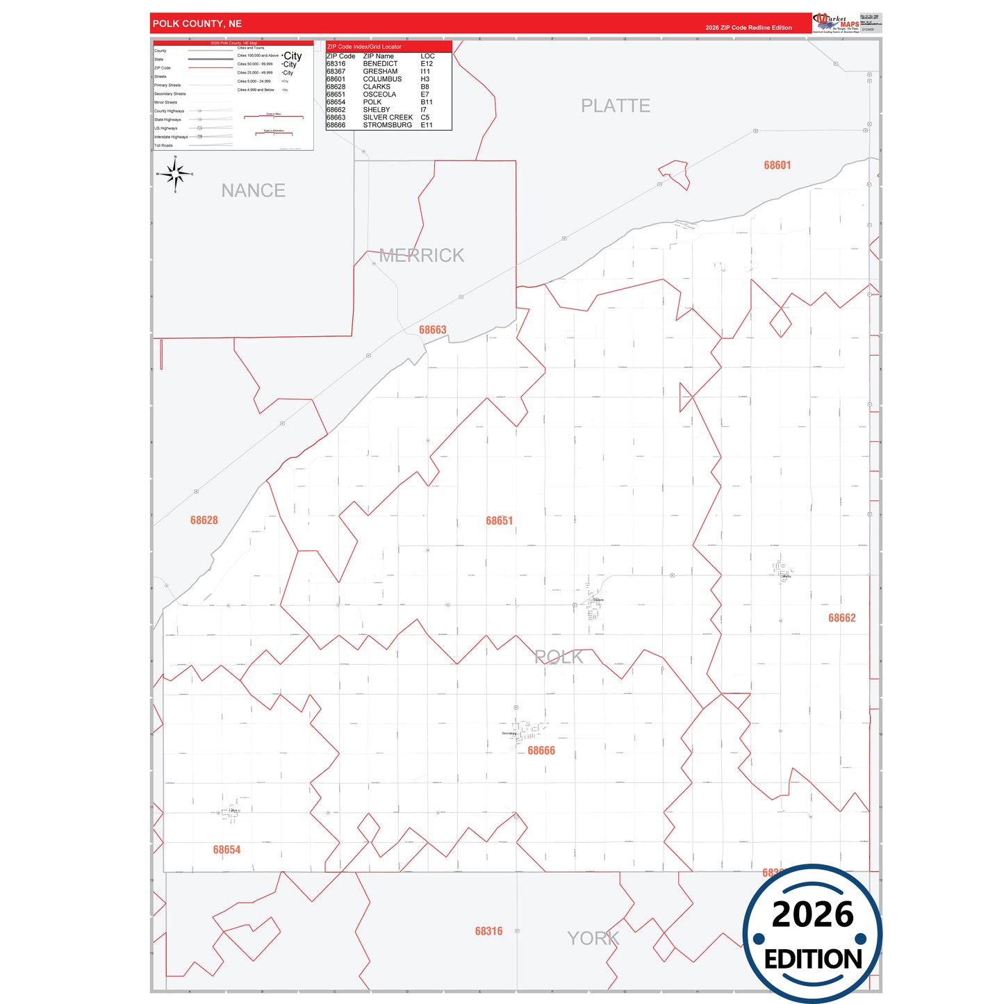 Polk County, NE Red Line 5 Digit ZIP Code Wall Map