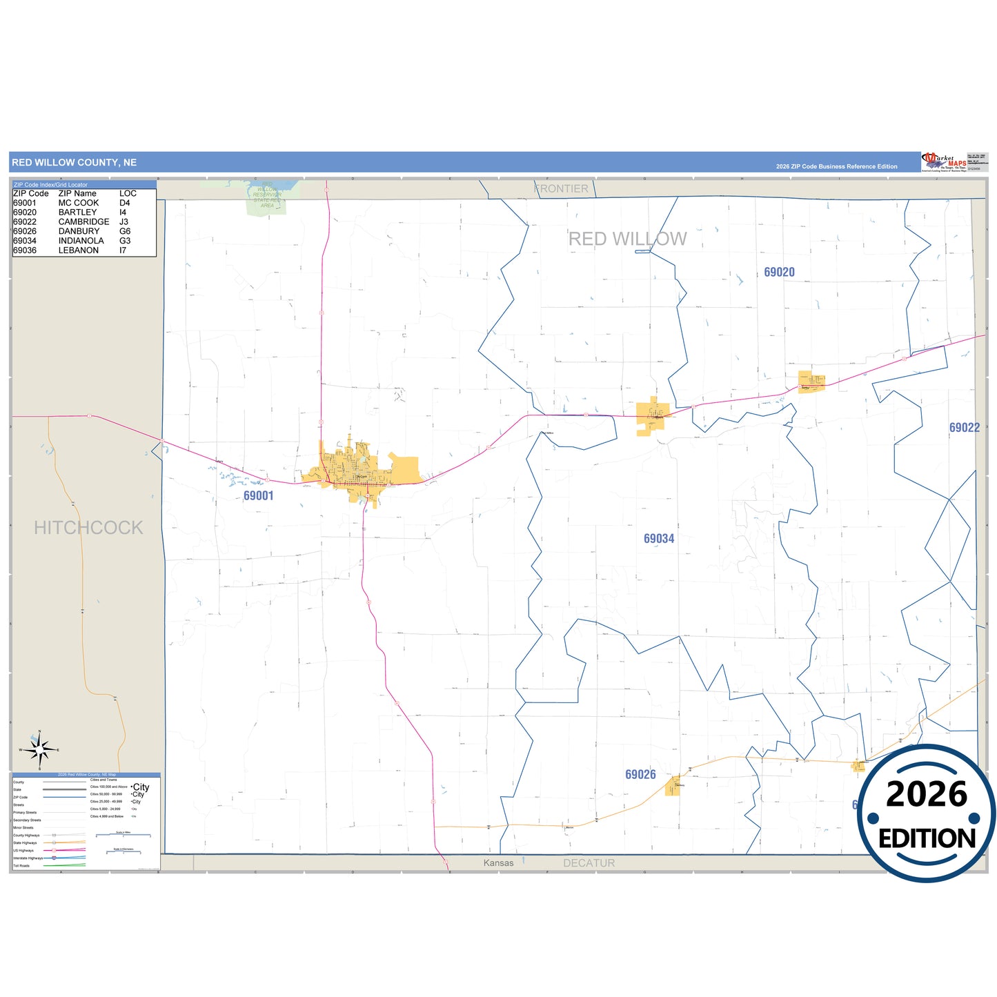 Red Willow County, NE Business Reference 5 Digit ZIP Code Wall Map