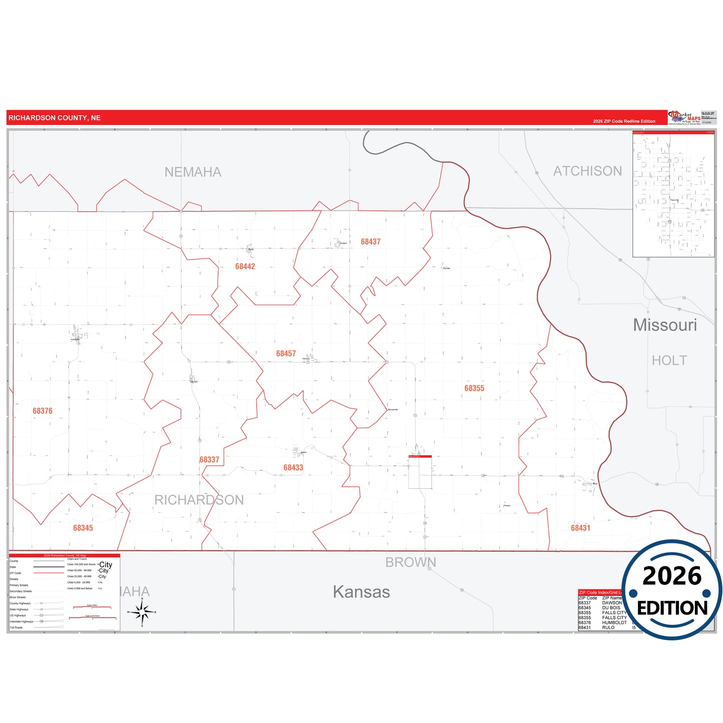 Richardson County, NE Red Line 5 Digit ZIP Code Wall Map