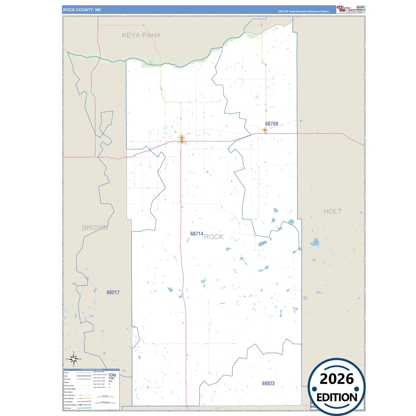 Rock County, NE Business Reference 5 Digit ZIP Code Wall Map