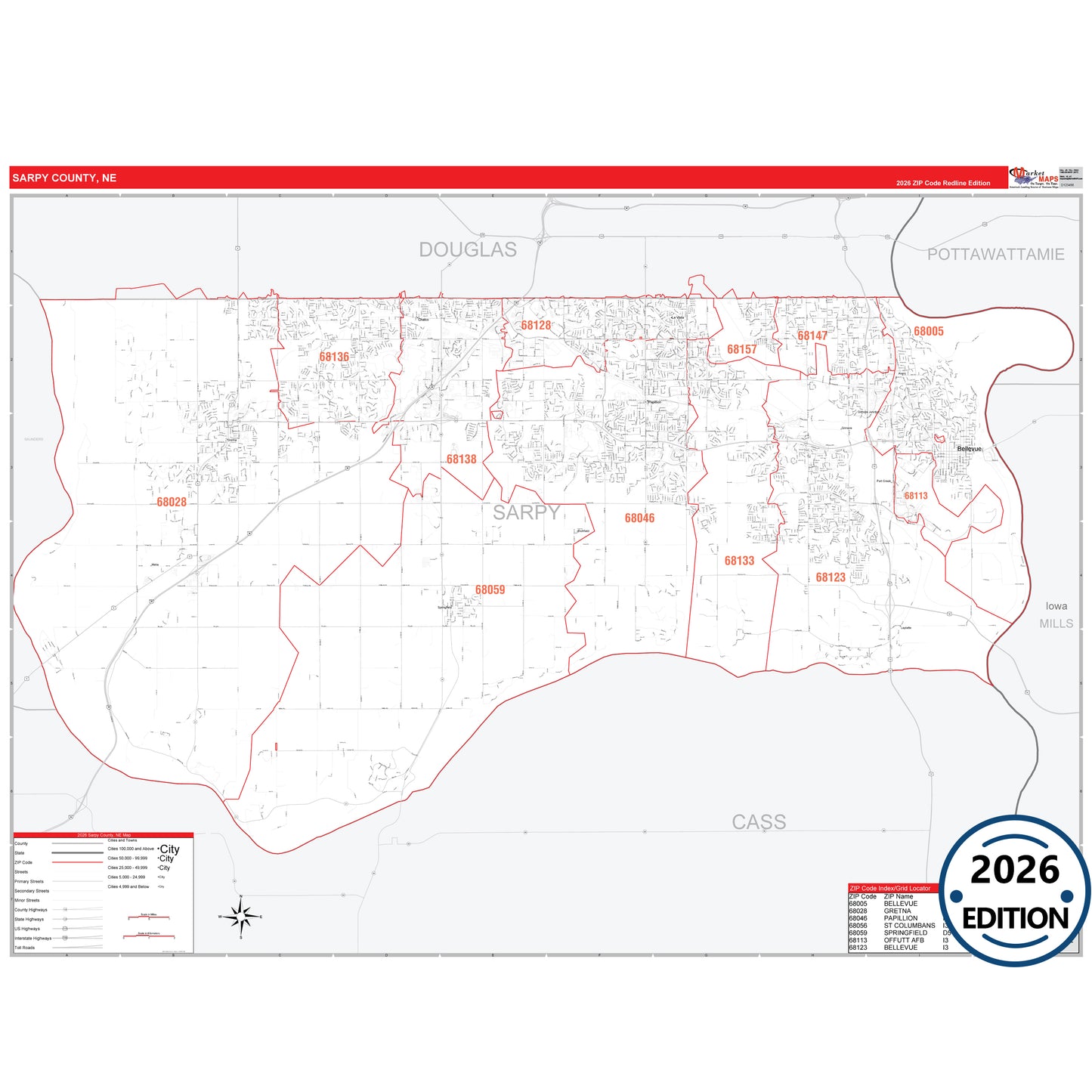 Sarpy County, NE Red Line 5 Digit ZIP Code Wall Map