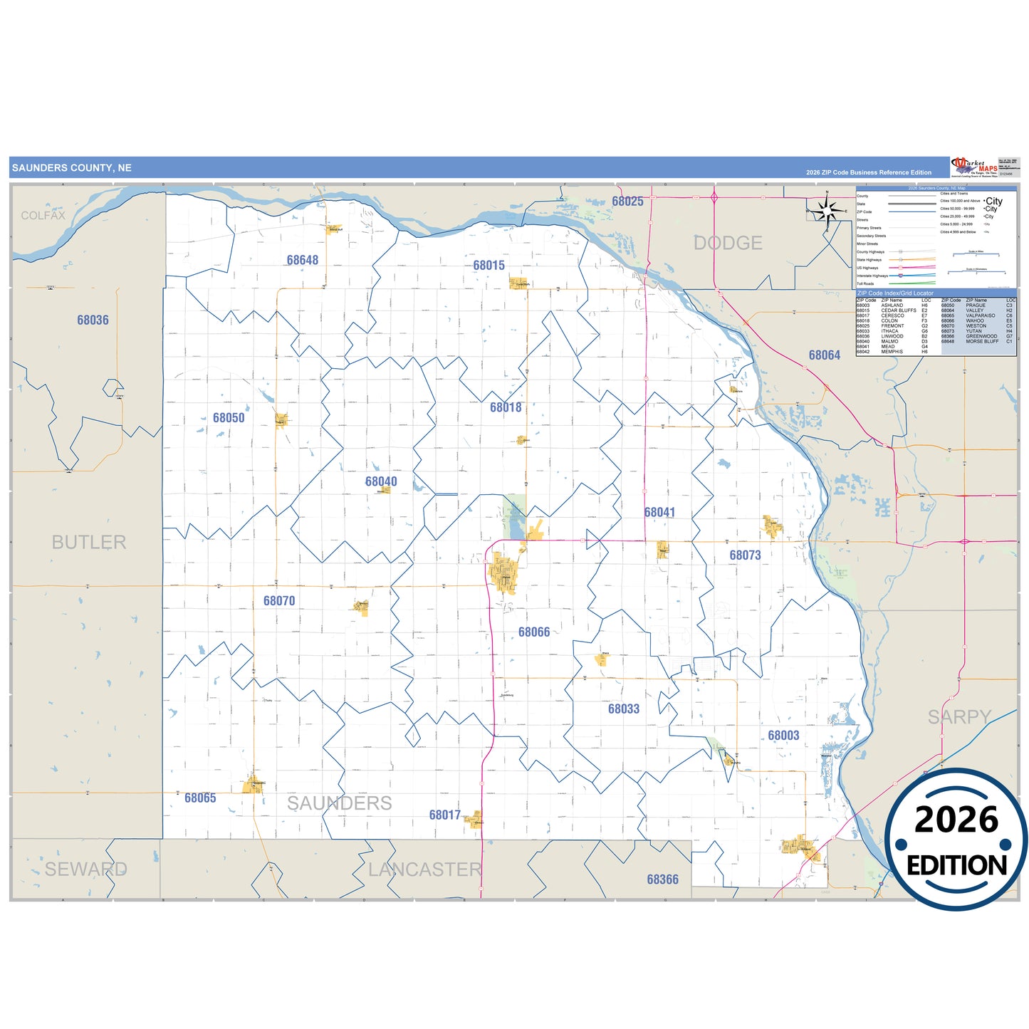 Saunders County, NE Business Reference 5 Digit ZIP Code Wall Map