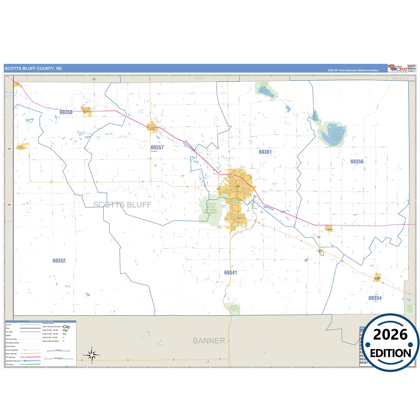 Scotts Bluff County, NE Business Reference 5 Digit ZIP Code Wall Map