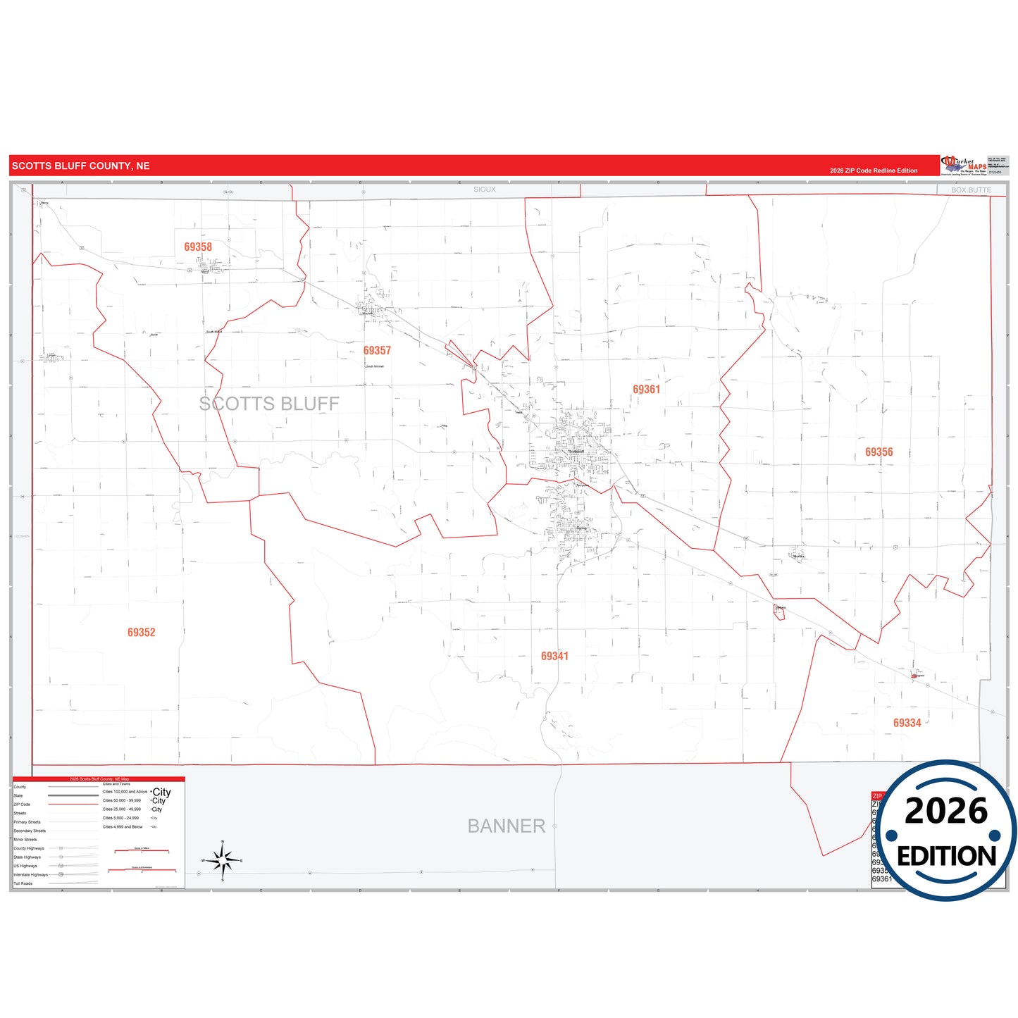 Scotts Bluff County, NE Red Line map with detailed roads, cities, and ZIP code boundaries.