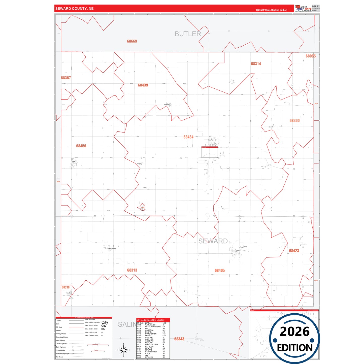 Seward County, NE Red Line 5 Digit ZIP Code Wall Map