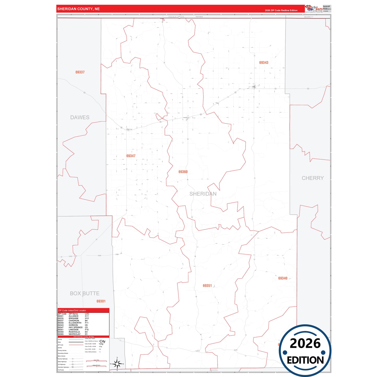 Sheridan County, NE Red Line 5 Digit ZIP Code Wall Map