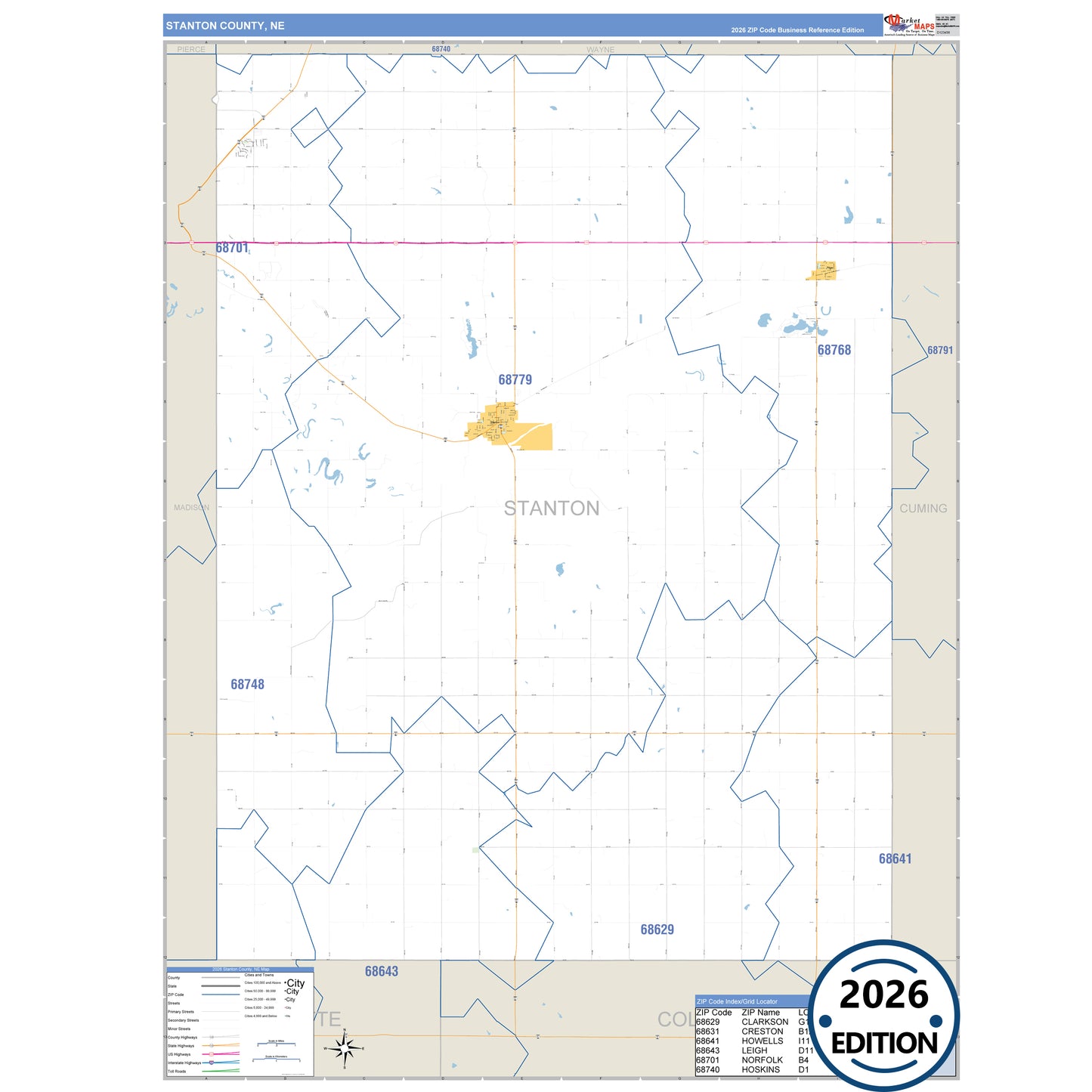 Stanton County, NE Business Reference 5 Digit ZIP Code Wall Map