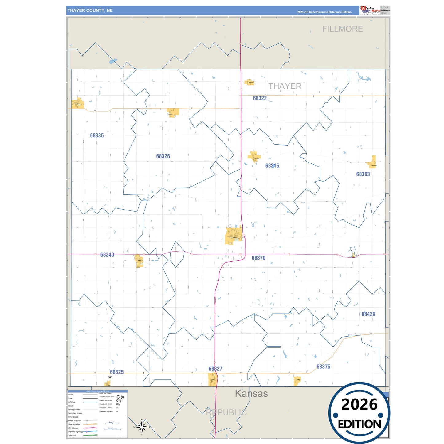 Thayer County, NE Business Reference 5 Digit ZIP Code Wall Map