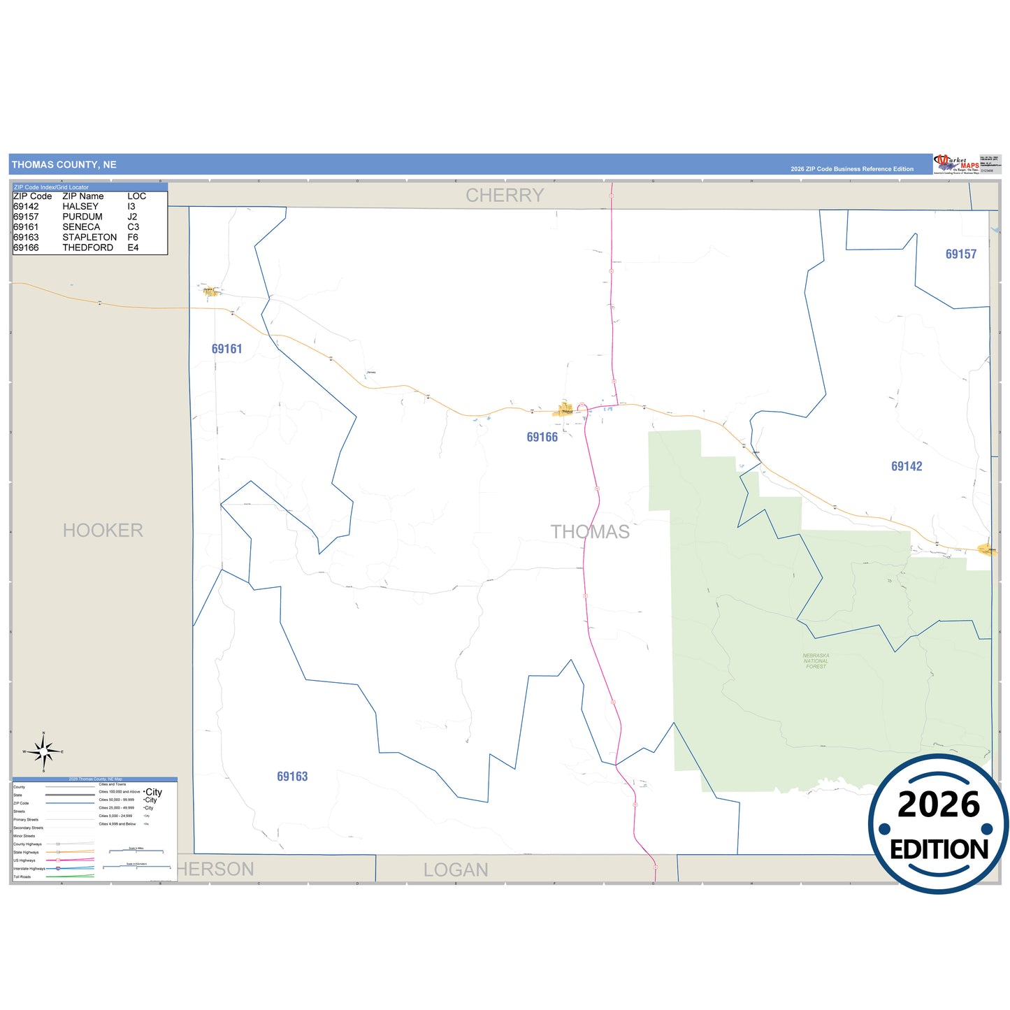 Thomas County, NE Business Reference 5 Digit ZIP Code Wall Map