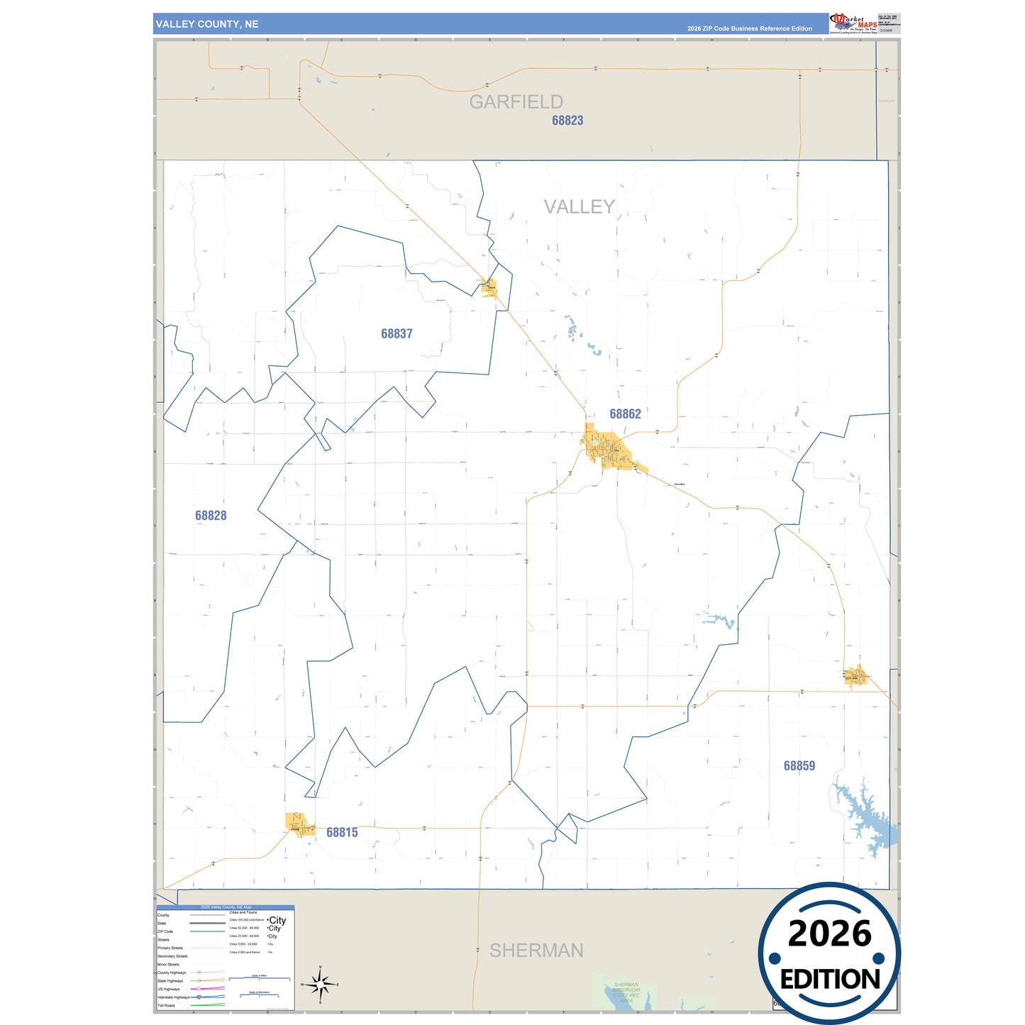 Valley County, NE Business Reference 5 Digit ZIP Code Wall Map