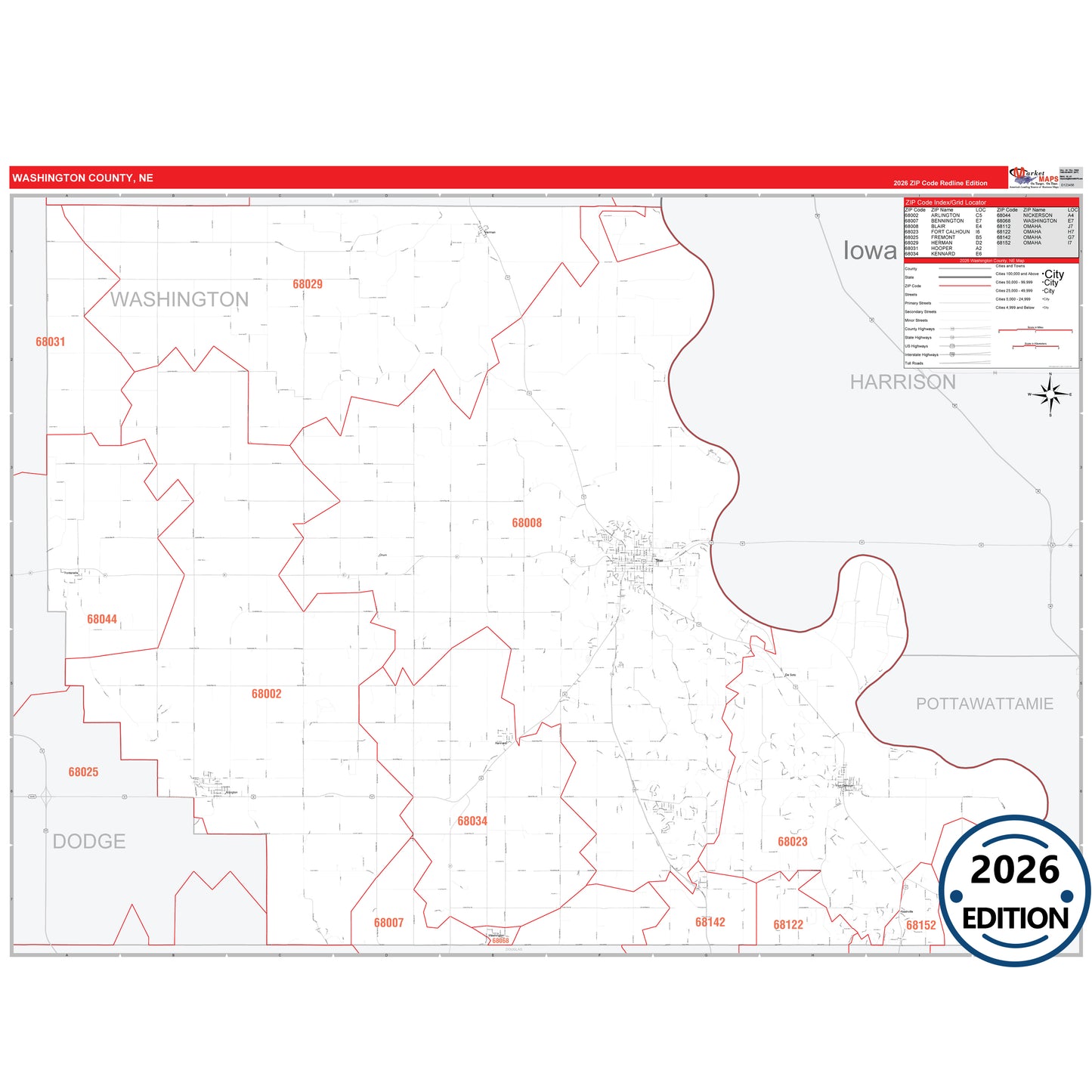 Washington County, NE Red Line 5 Digit ZIP Code Wall Map