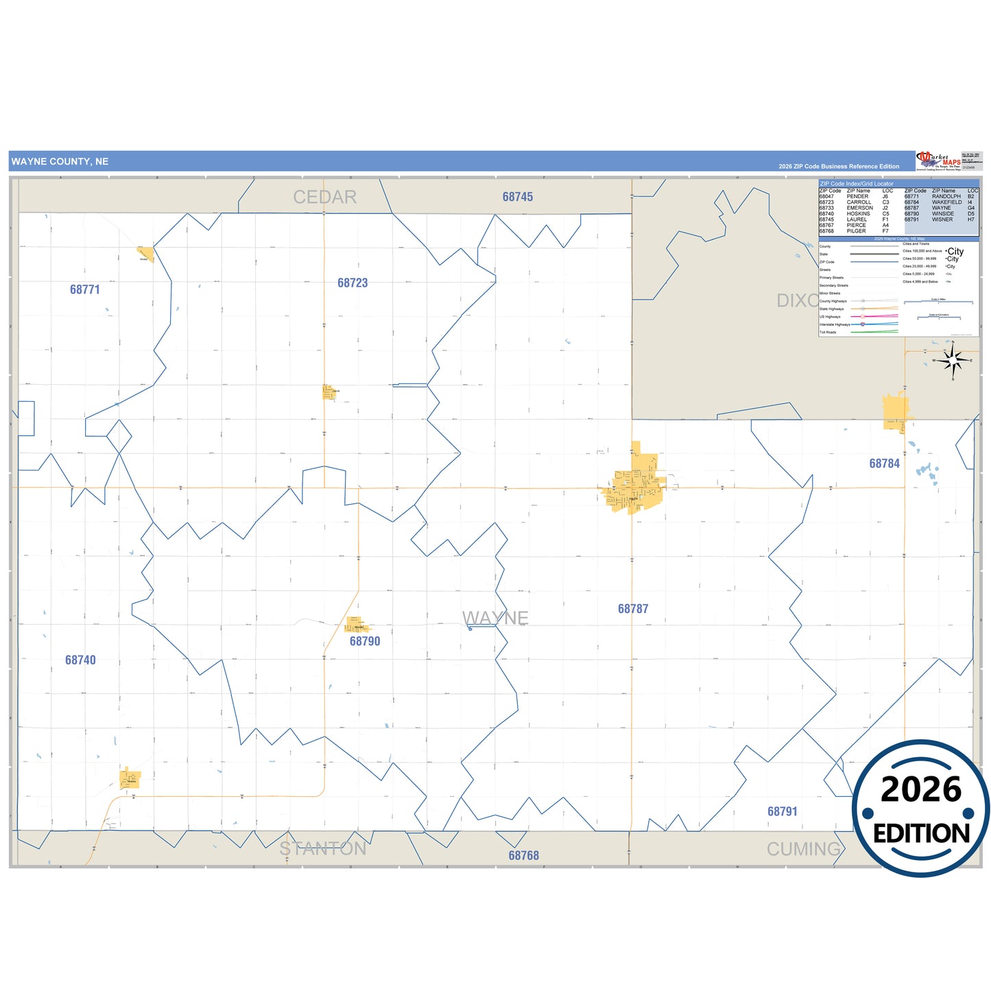 Wayne County, NE Business Reference 5 Digit ZIP Code Wall Map