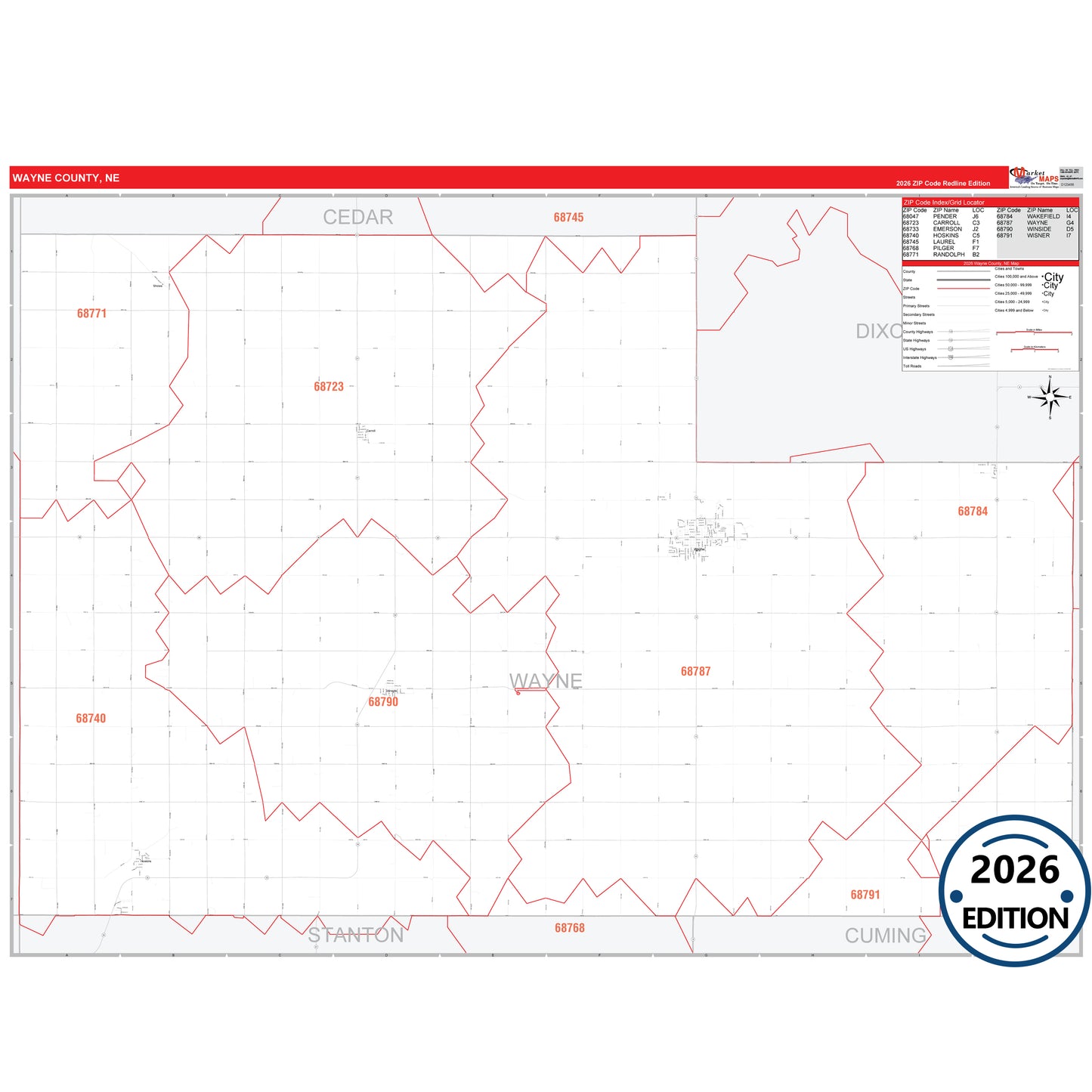Wayne County, NE Red Line 5 Digit ZIP Code Wall Map
