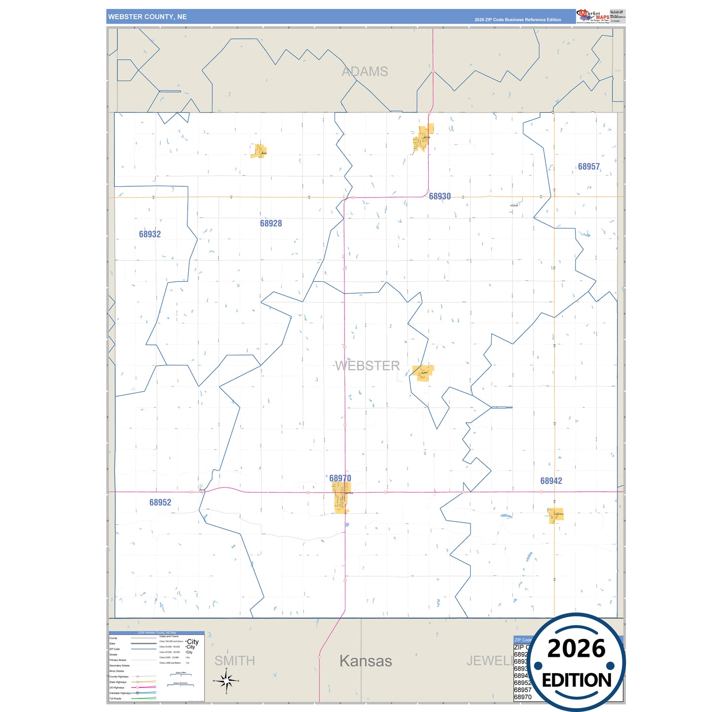 Webster County, NE Business Reference 5 Digit ZIP Code Wall Map