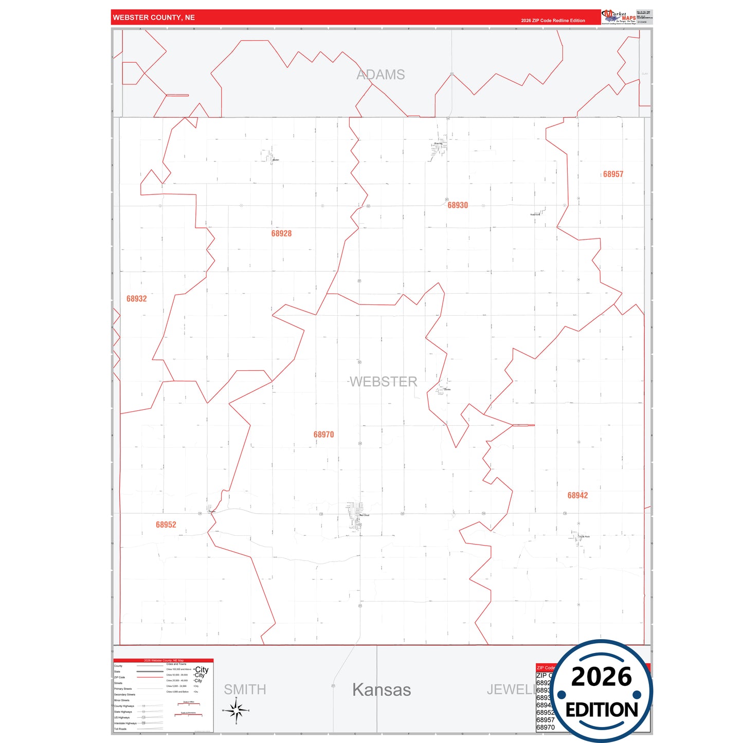 Webster County, NE Red Line 5 Digit ZIP Code Wall Map
