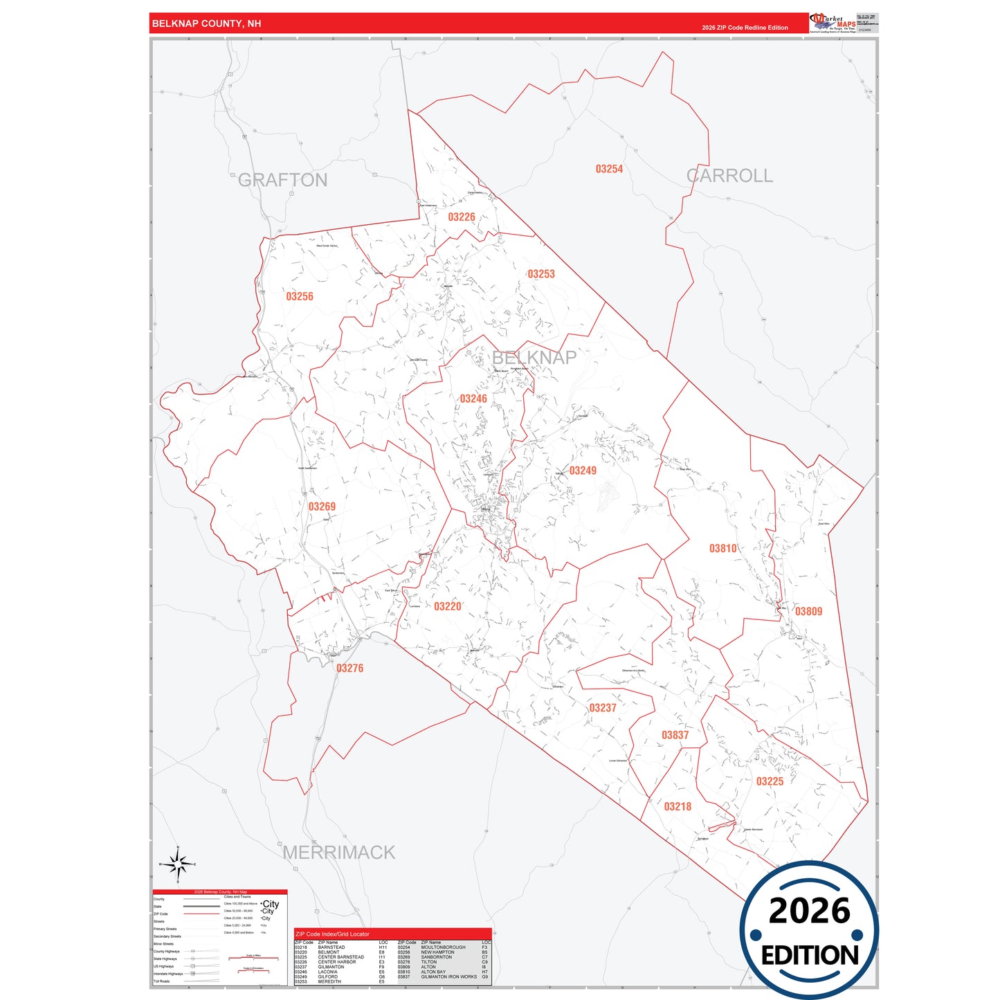 Belknap County, NH Red Line 5 Digit ZIP Code Wall Map