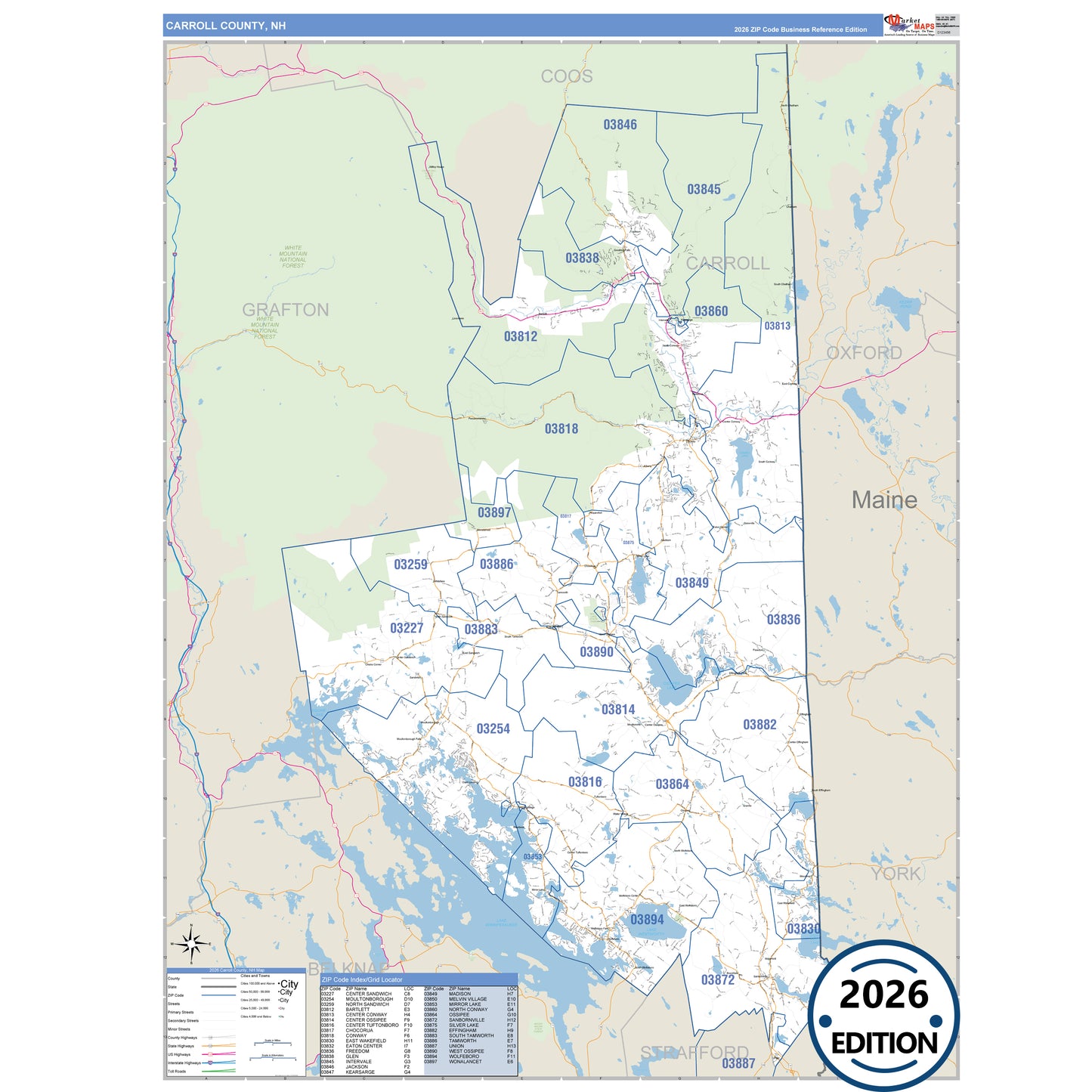 Carroll County, NH Business Reference 5 Digit ZIP Code Wall Map