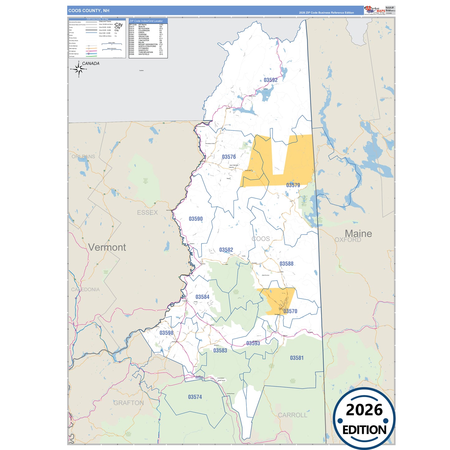 Coos County, NH Business Reference 5 Digit ZIP Code Wall Map