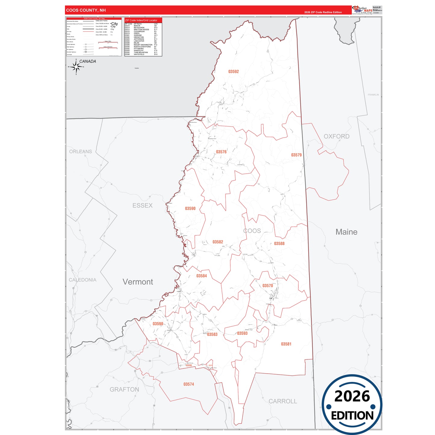 Coos County, NH Red Line 5 Digit ZIP Code Wall Map