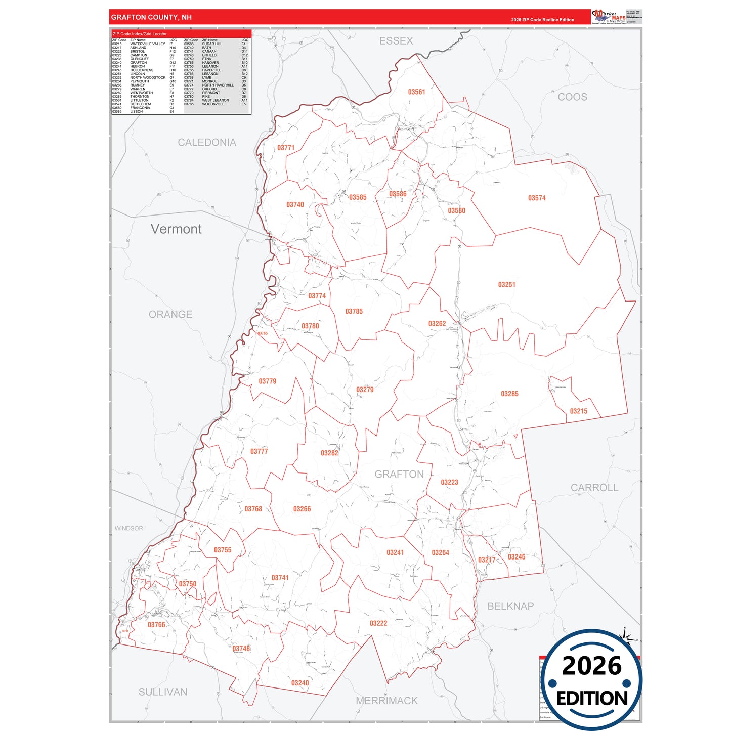 Grafton County, NH Red Line 5 Digit ZIP Code Wall Map