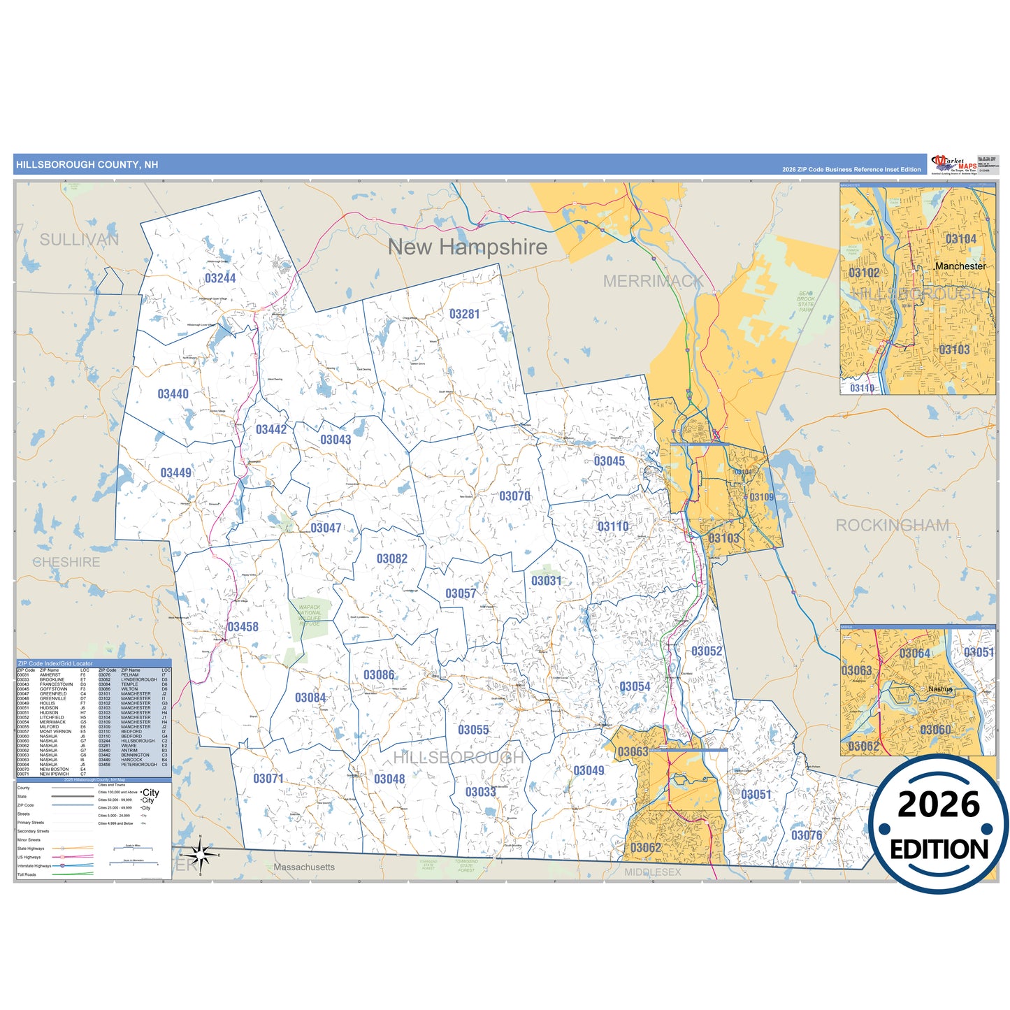 Hillsborough County, NH Business Reference 5 Digit ZIP Code Wall Map
