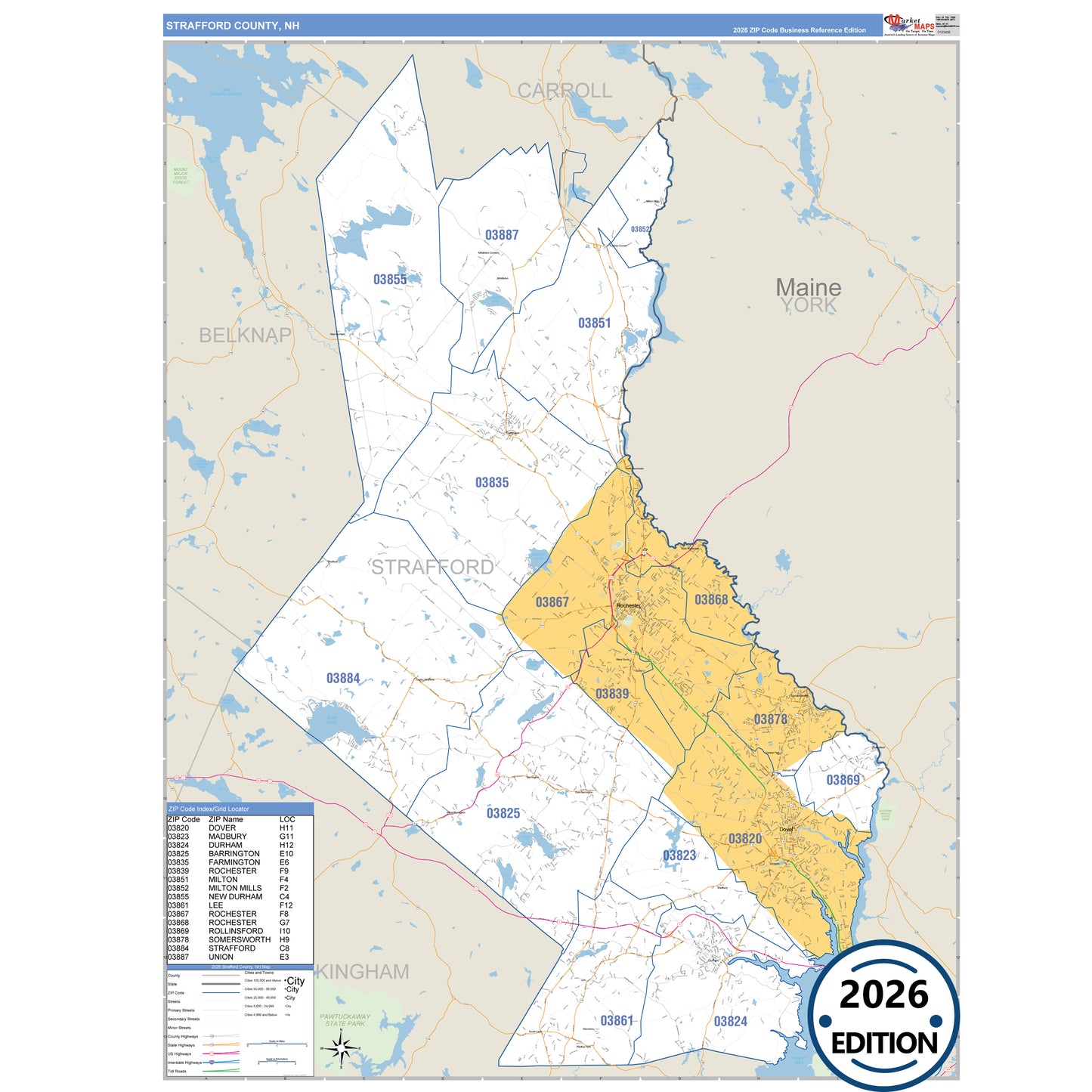 Strafford County, NH Business Reference 5 Digit ZIP Code Wall Map
