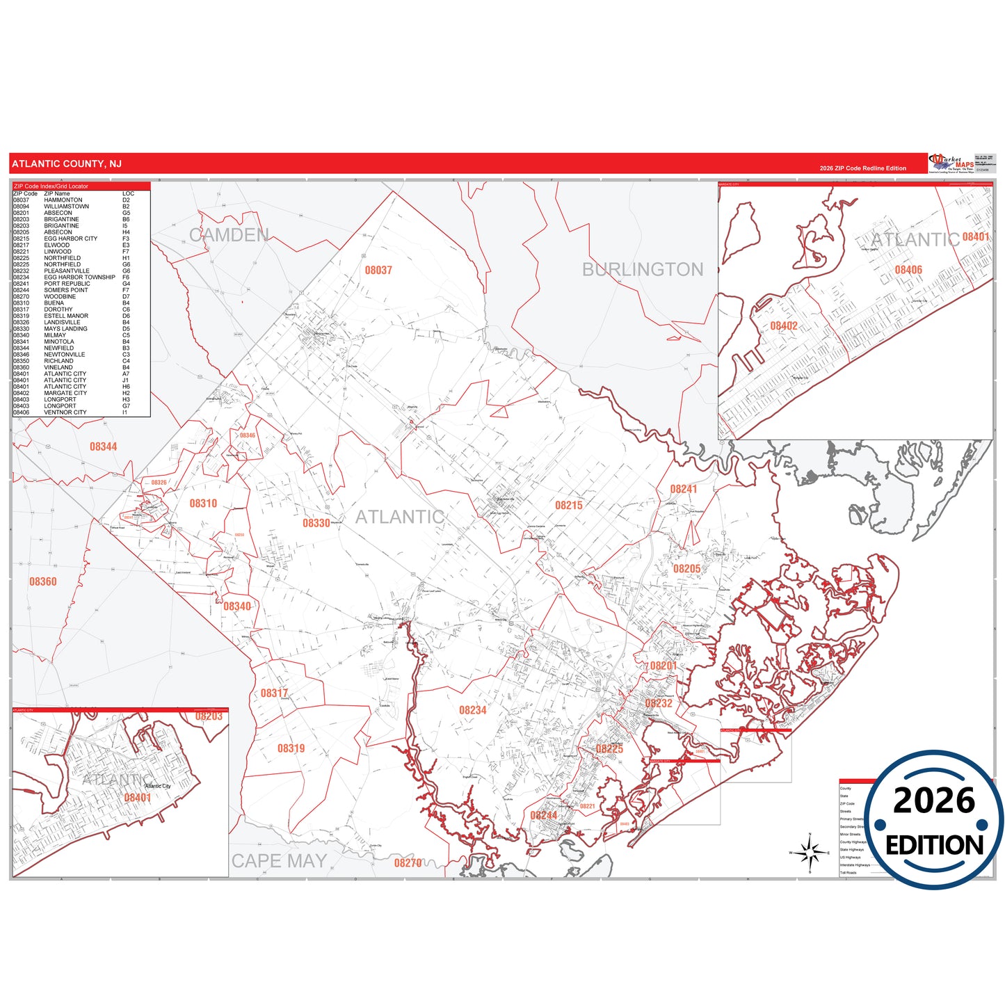 Atlantic County, NJ Red Line 5 Digit ZIP Code Wall Map