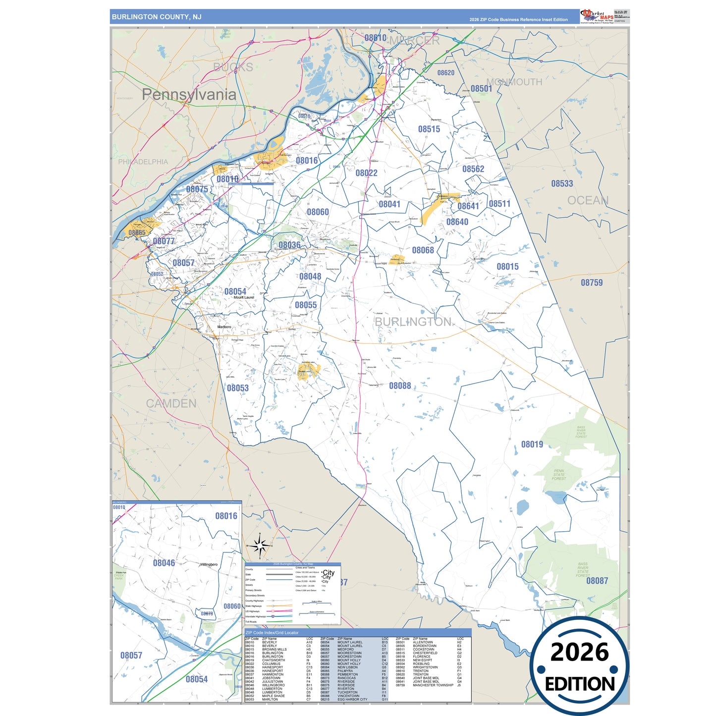 Burlington County, NJ Business Reference 5 Digit ZIP Code Wall Map