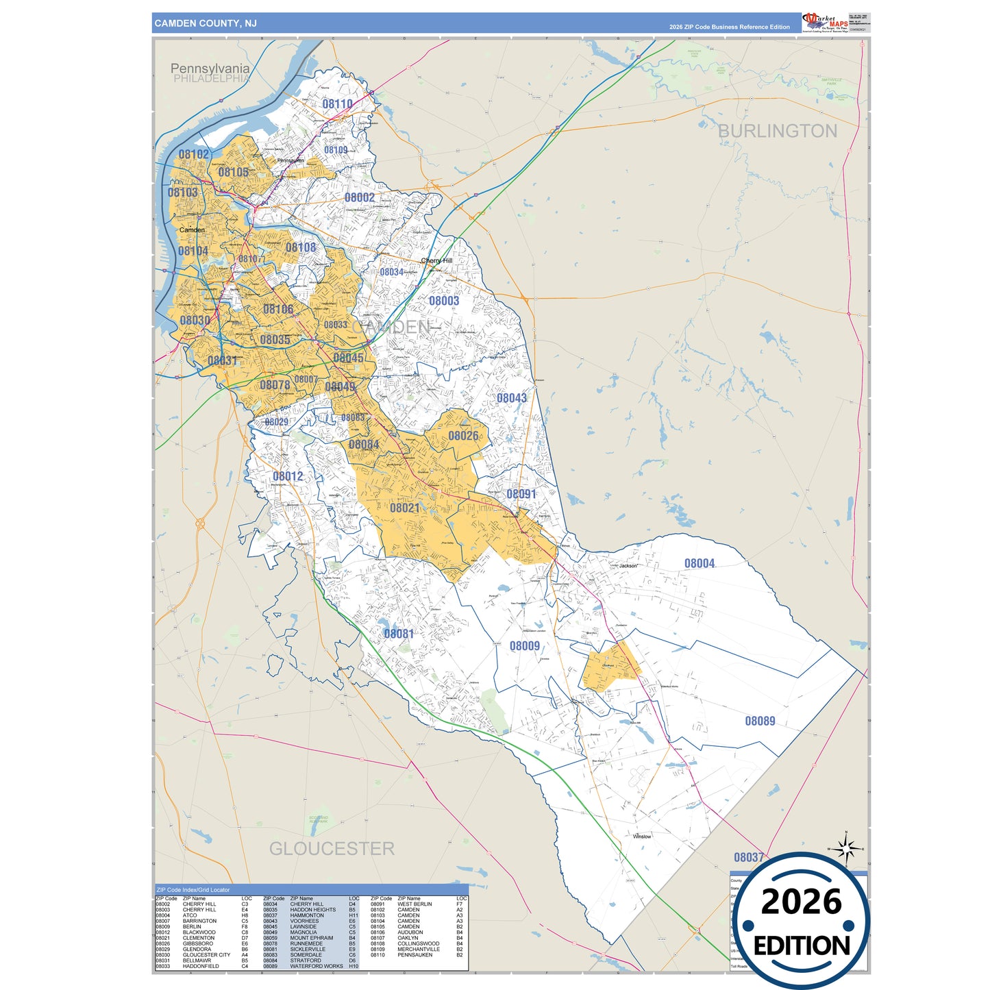 Camden County, NJ Business Reference 5 Digit ZIP Code Wall Map