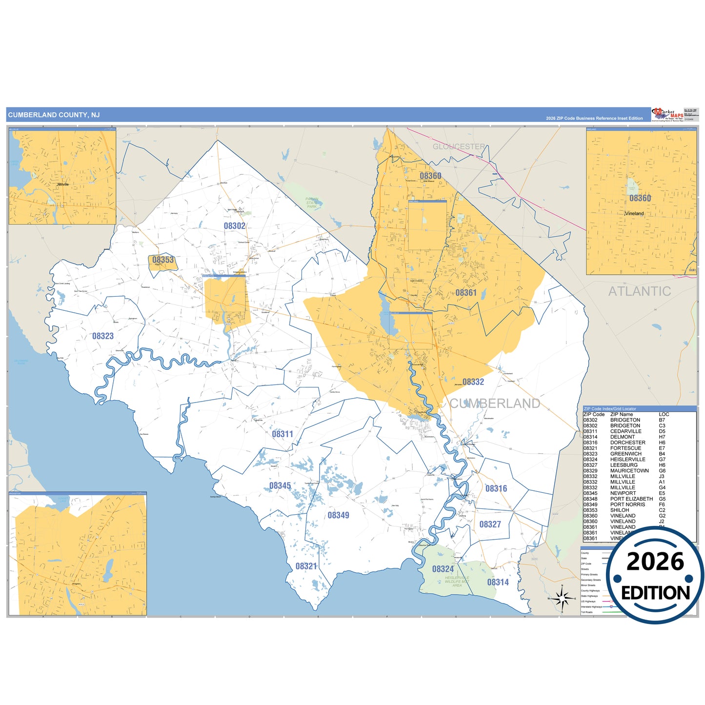 Cumberland County, NJ Business Reference 5 Digit ZIP Code Wall Map