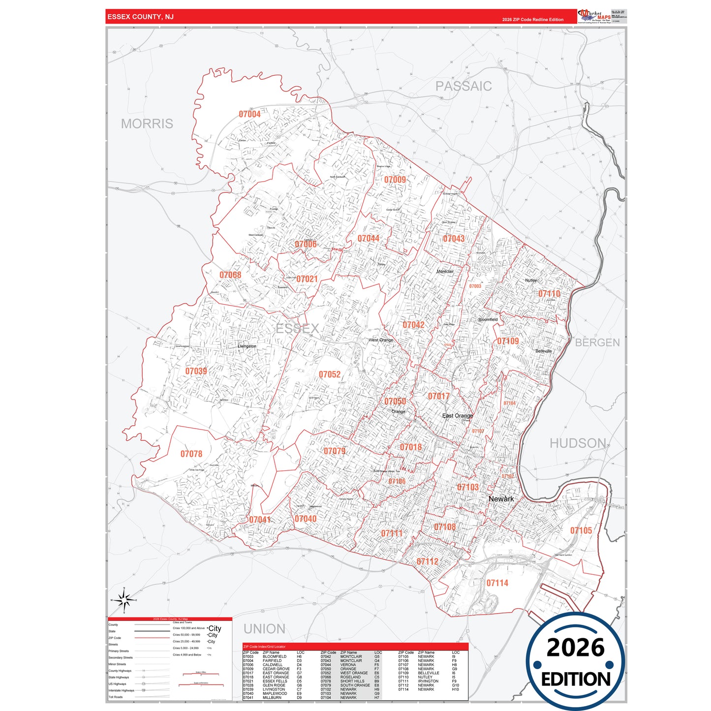 Essex County, NJ Red Line 5 Digit ZIP Code Wall Map