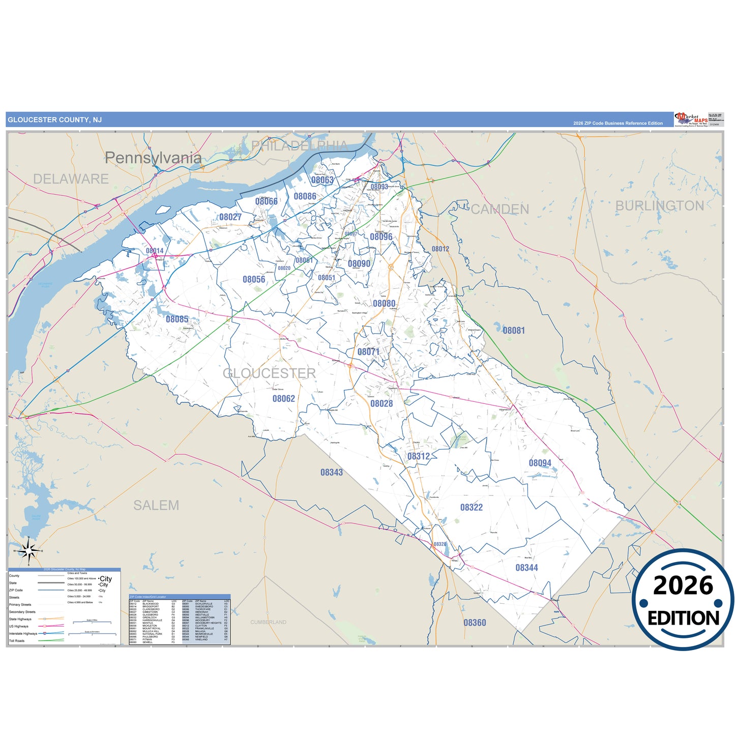 Gloucester County, NJ Business Reference 5 Digit ZIP Code Wall Map