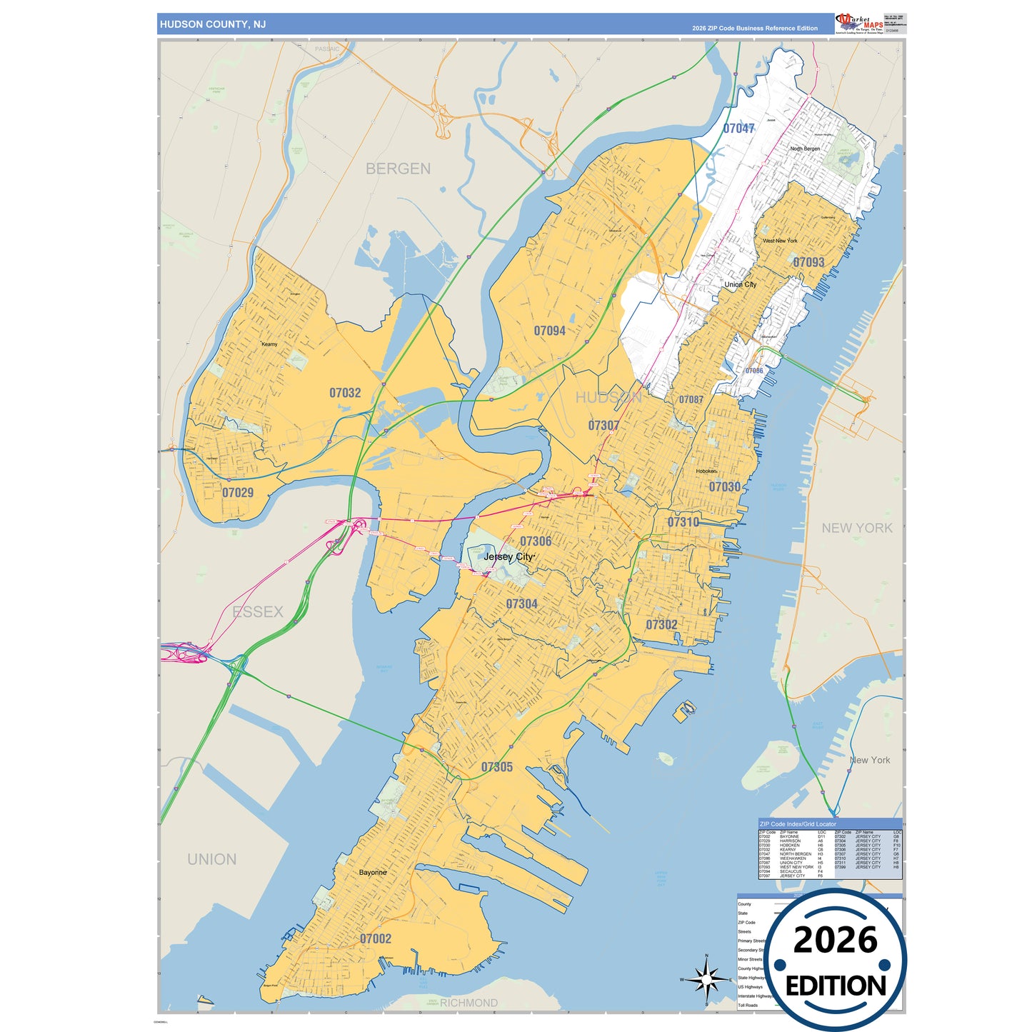 Hudson County, NJ Business Reference 5 Digit ZIP Code Wall Map