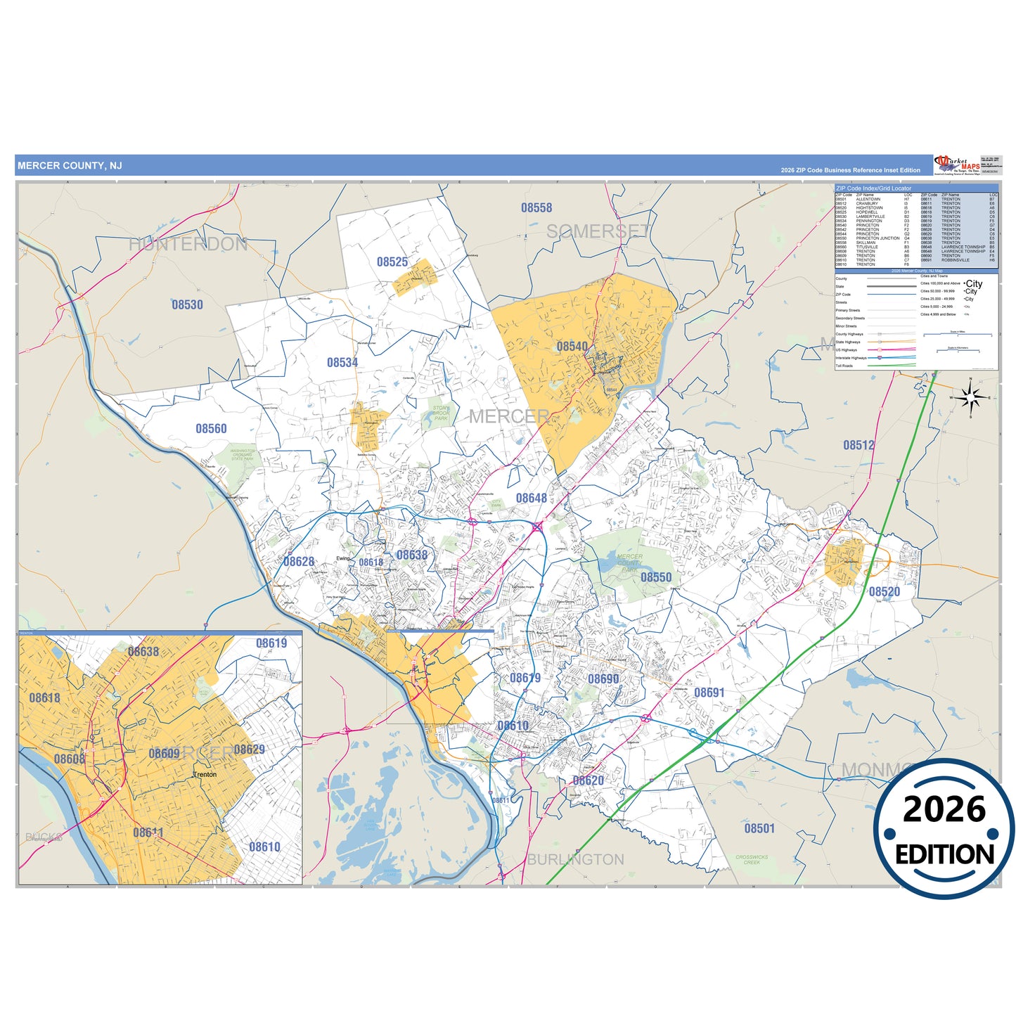 Mercer County, NJ Business Reference 5 Digit ZIP Code Wall Map