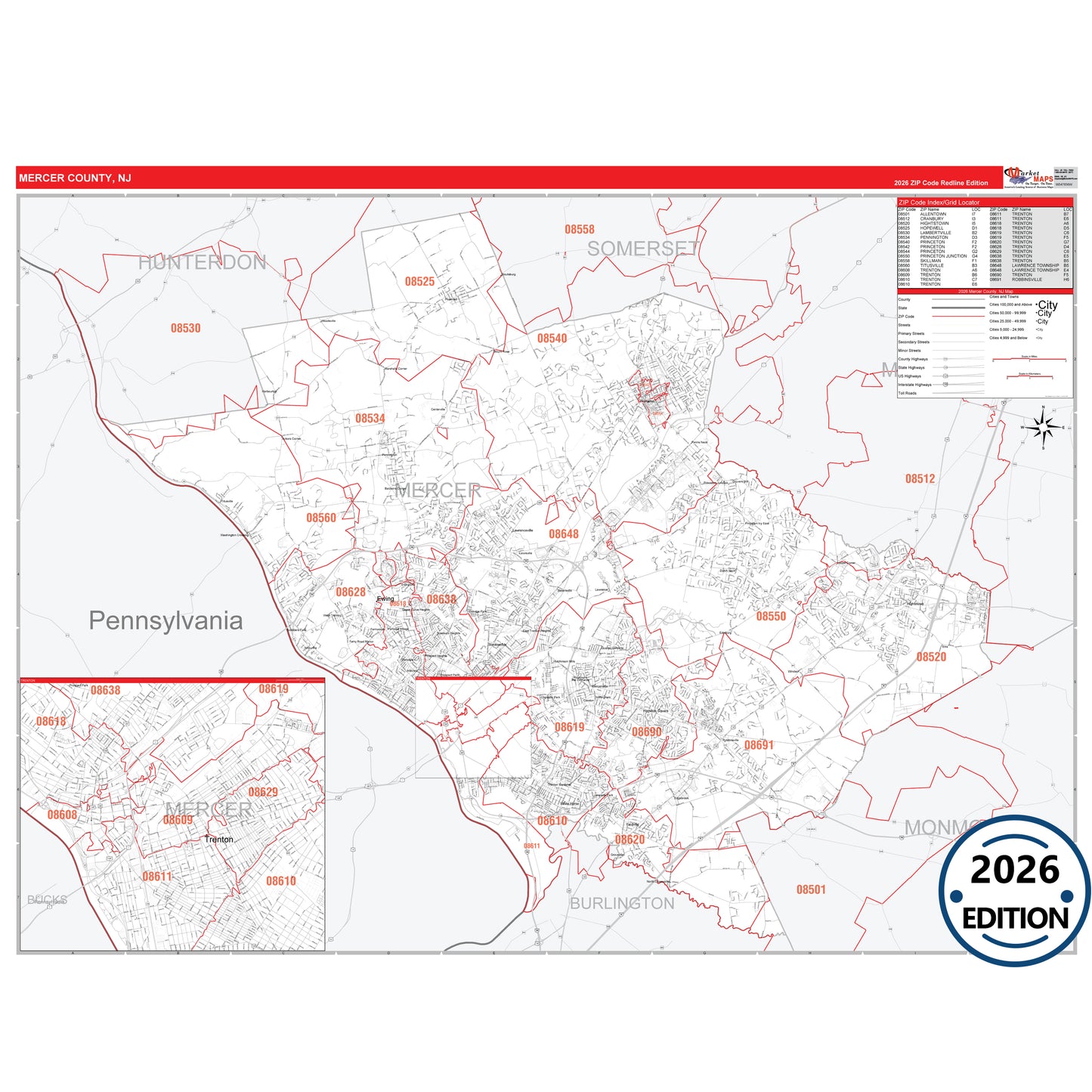Mercer County, NJ Red Line 5 Digit ZIP Code Wall Map