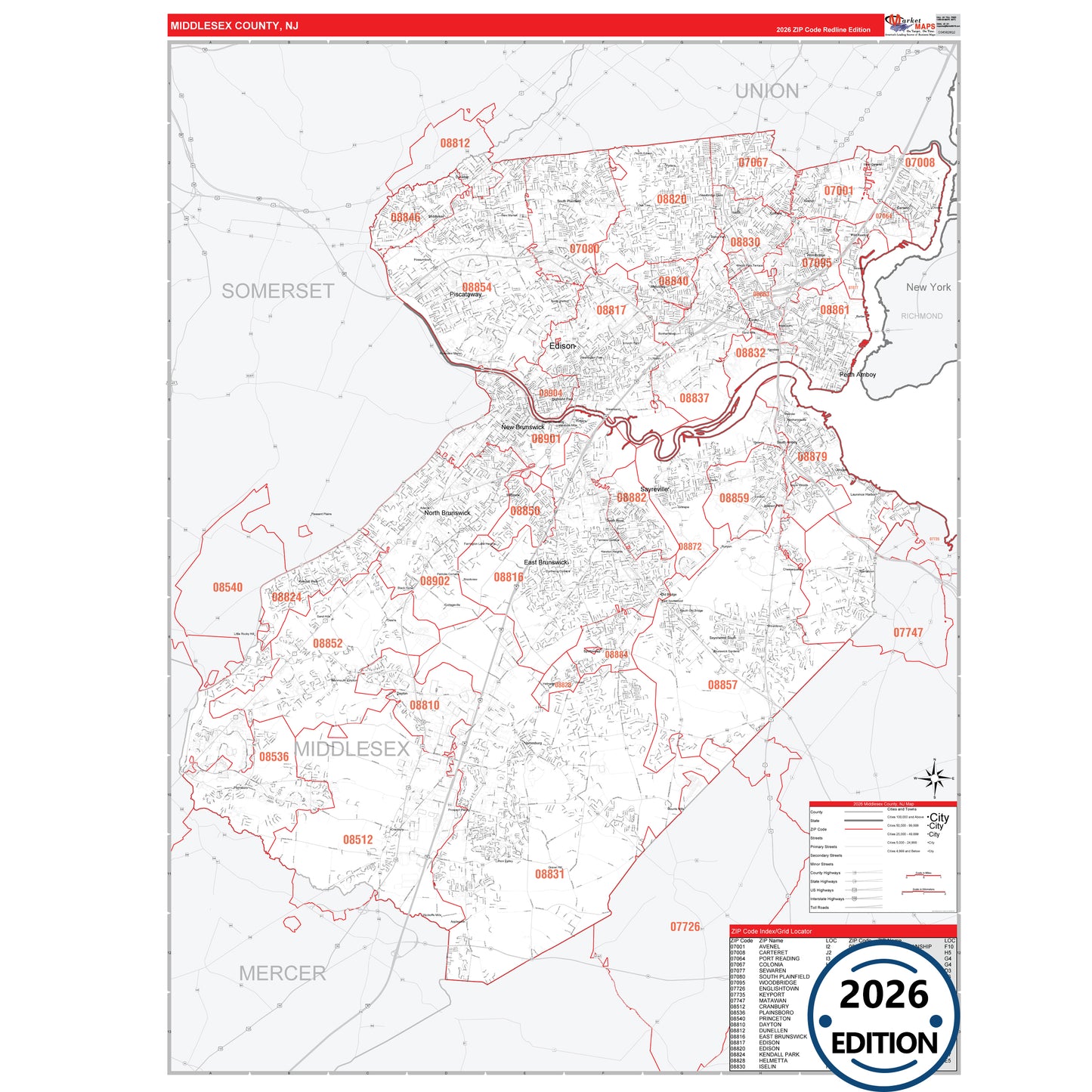 Middlesex County, NJ Red Line 5 Digit ZIP Code Wall Map