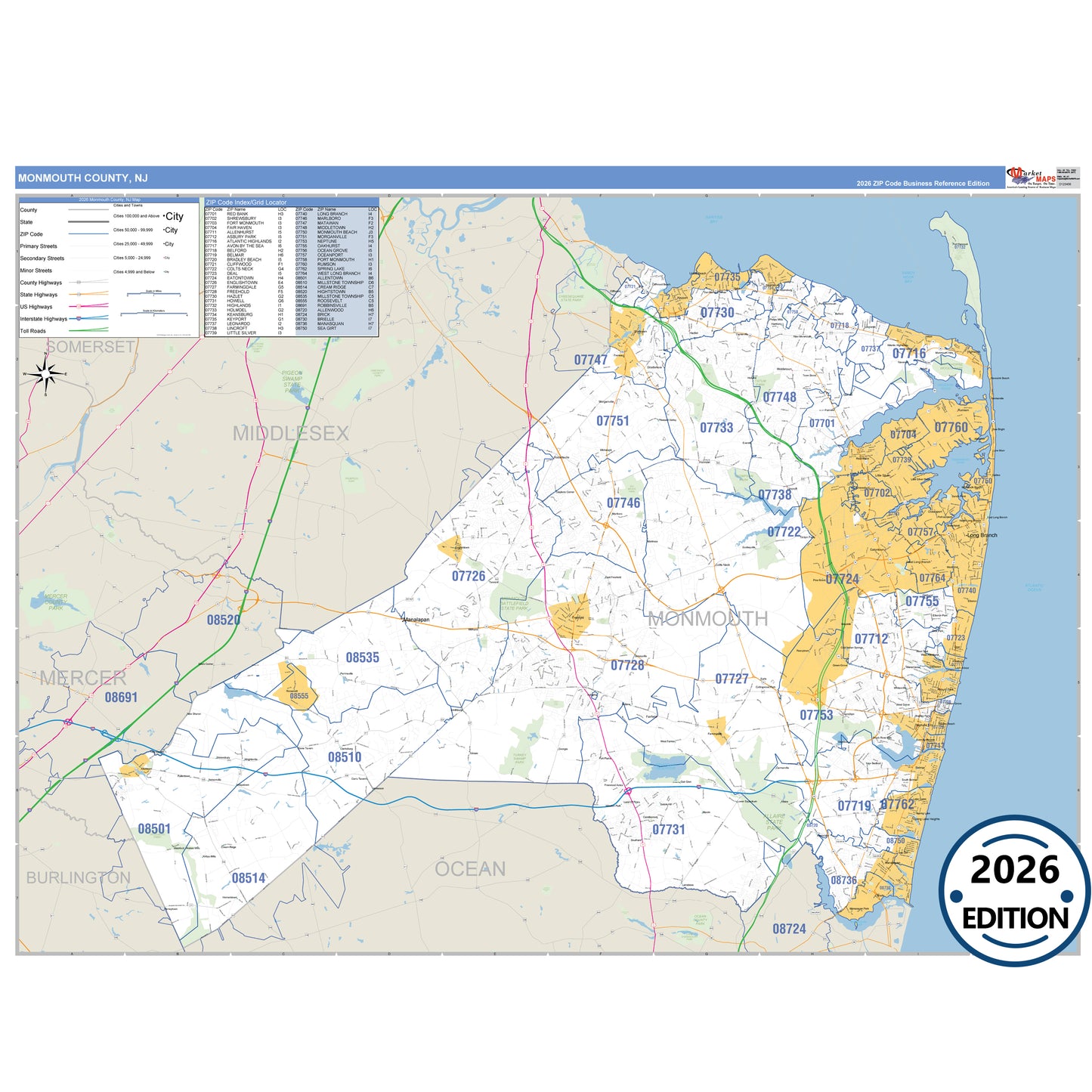 Monmouth County, NJ Business Reference 5 Digit ZIP Code Wall Map
