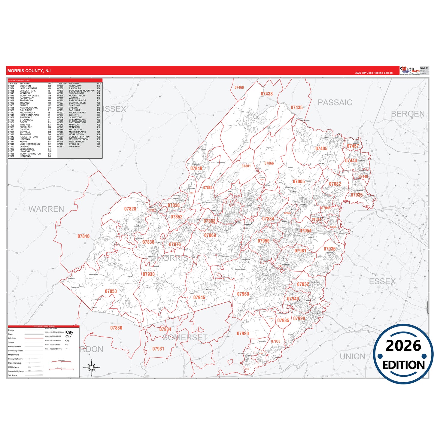 Morris County, NJ Red Line 5 Digit ZIP Code Wall Map