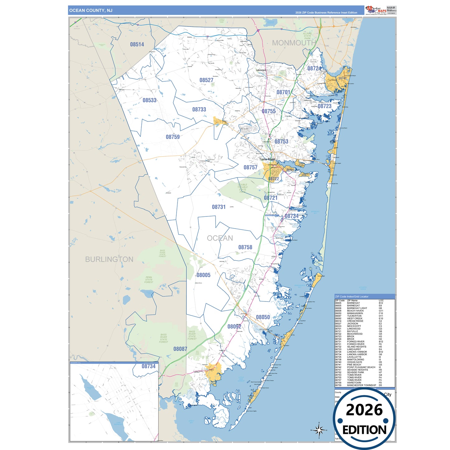Ocean County, NJ Business Reference 5 Digit ZIP Code Wall Map