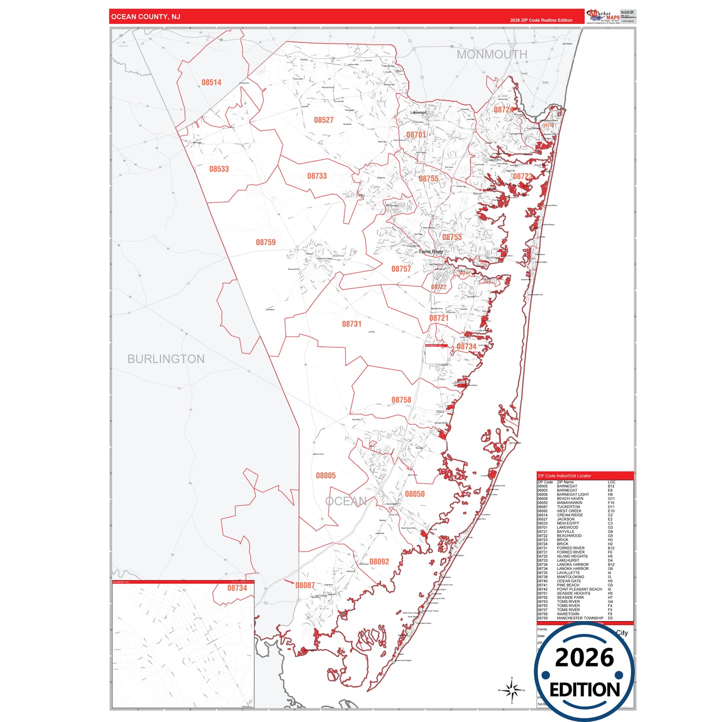 Ocean County, NJ Red Line 5 Digit ZIP Code Wall Map