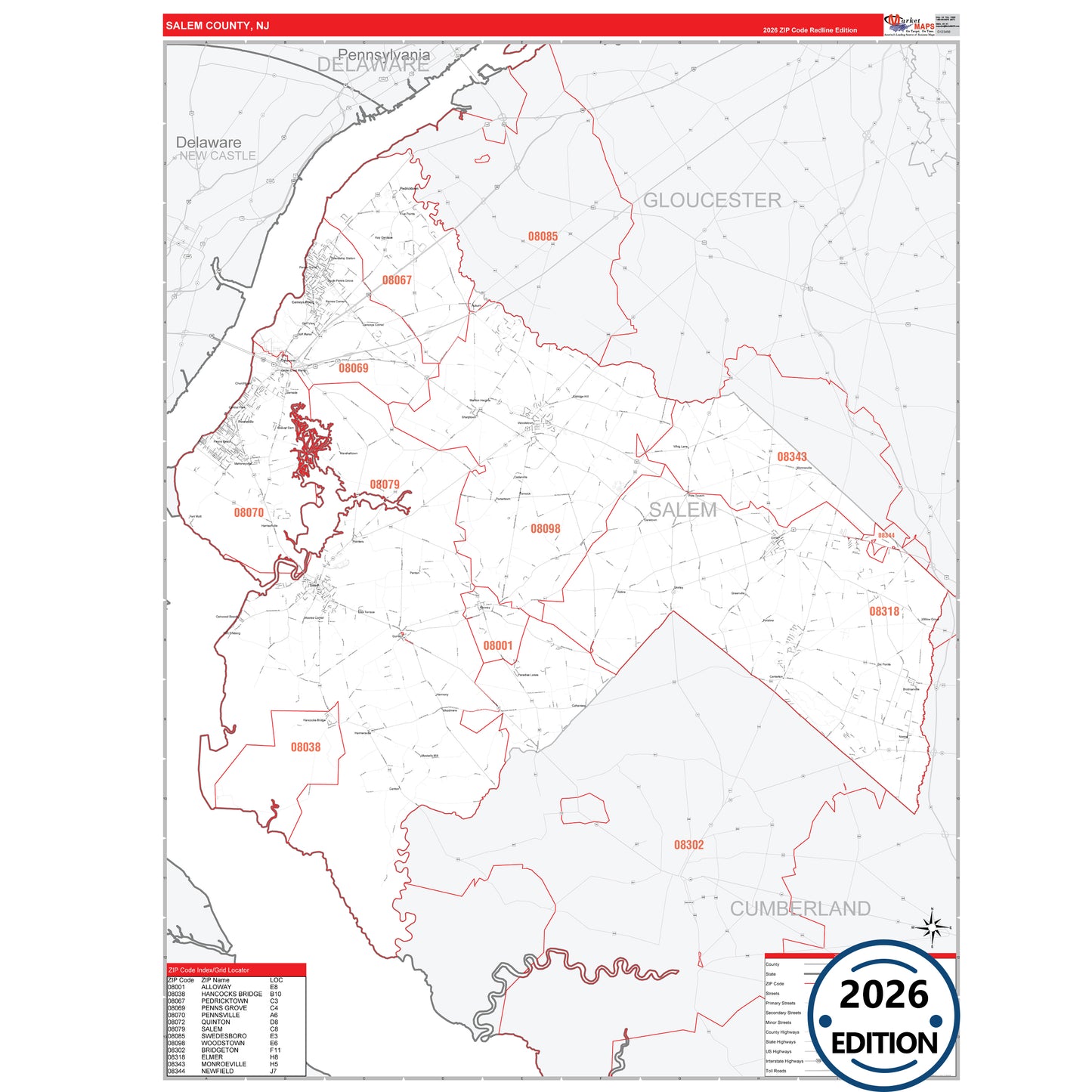 Salem County, NJ Red Line 5 Digit ZIP Code Wall Map