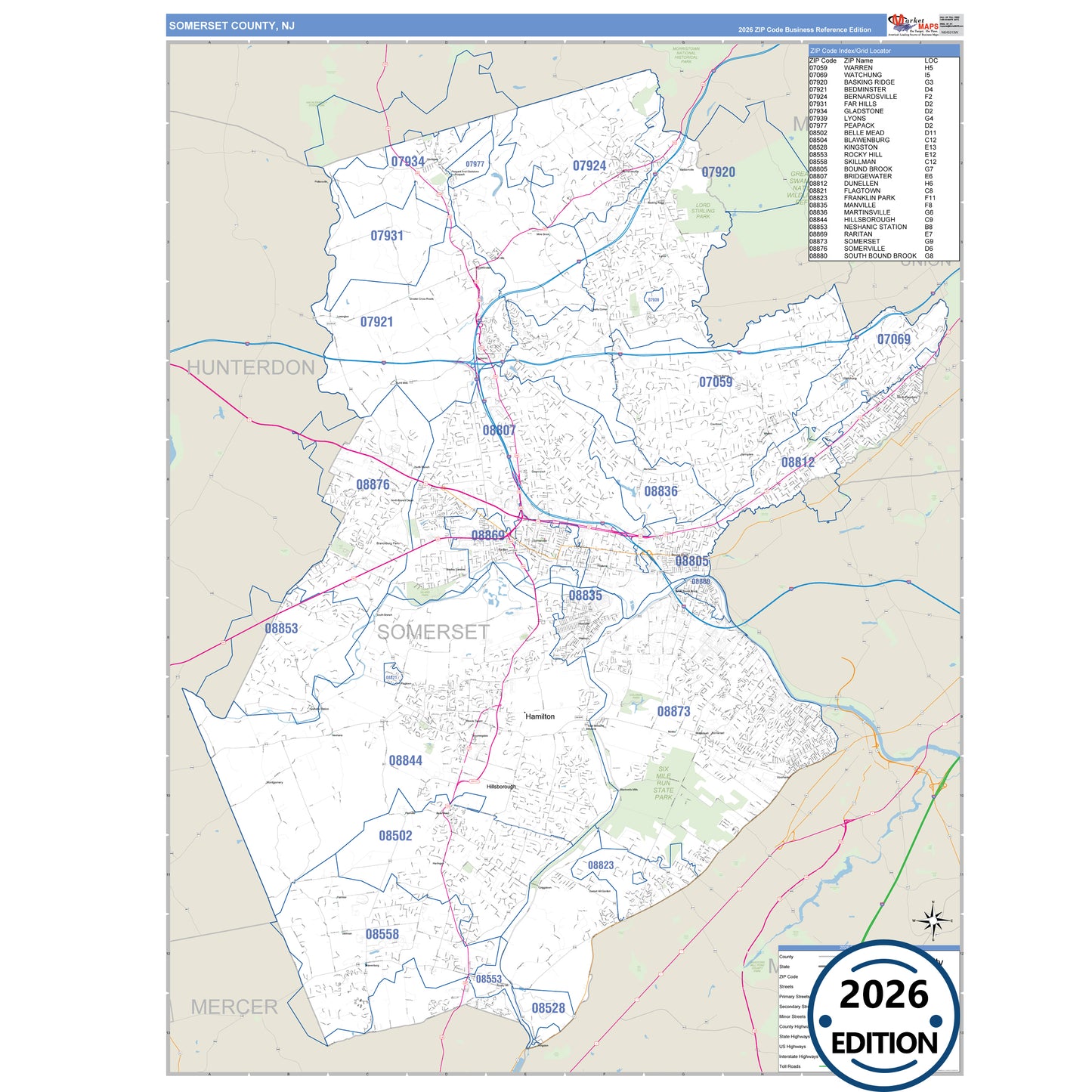 Somerset County, NJ Business Reference 5 Digit ZIP Code Wall Map