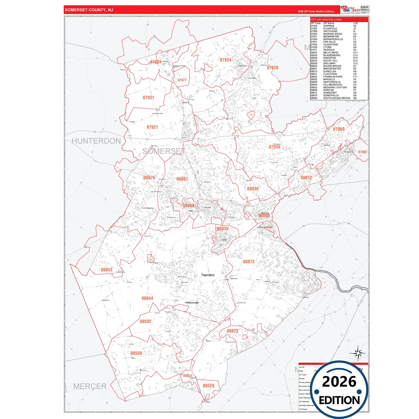 Somerset County, NJ Red Line 5 Digit ZIP Code Wall Map