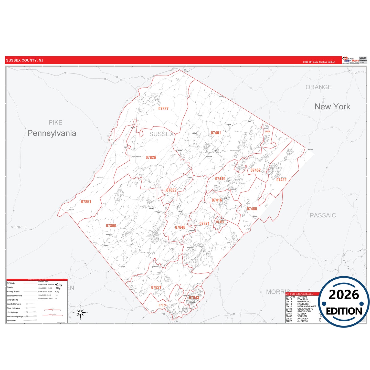 Sussex County, NJ Red Line 5 Digit ZIP Code Wall Map
