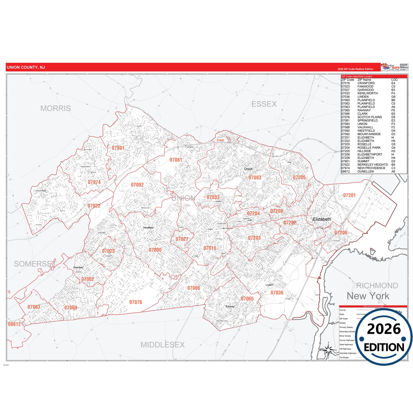 Union County, NJ Red Line 5 Digit ZIP Code Wall Map