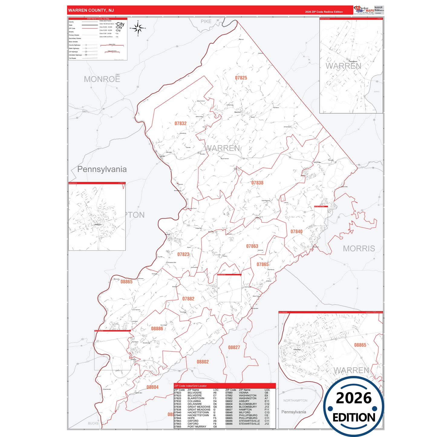 Warren County, NJ Red Line 5 Digit ZIP Code Wall Map
