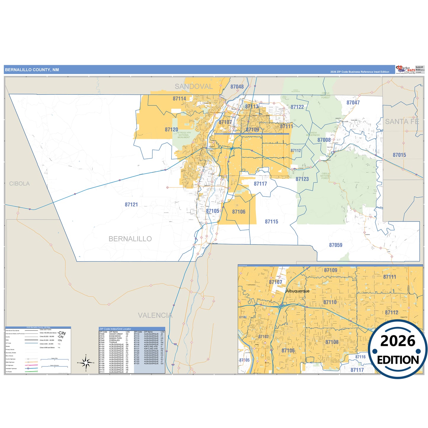 Bernalillo County, NM Business Reference 5 Digit ZIP Code Wall Map