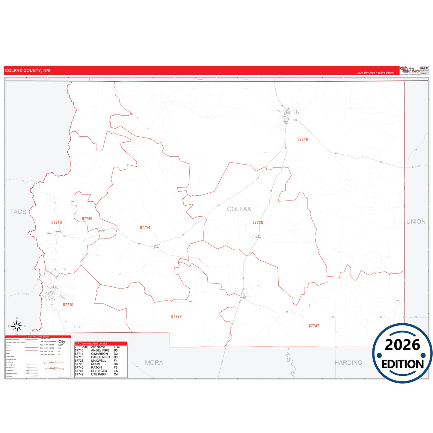 Colfax County, NM Red Line 5 Digit ZIP Code Wall Map