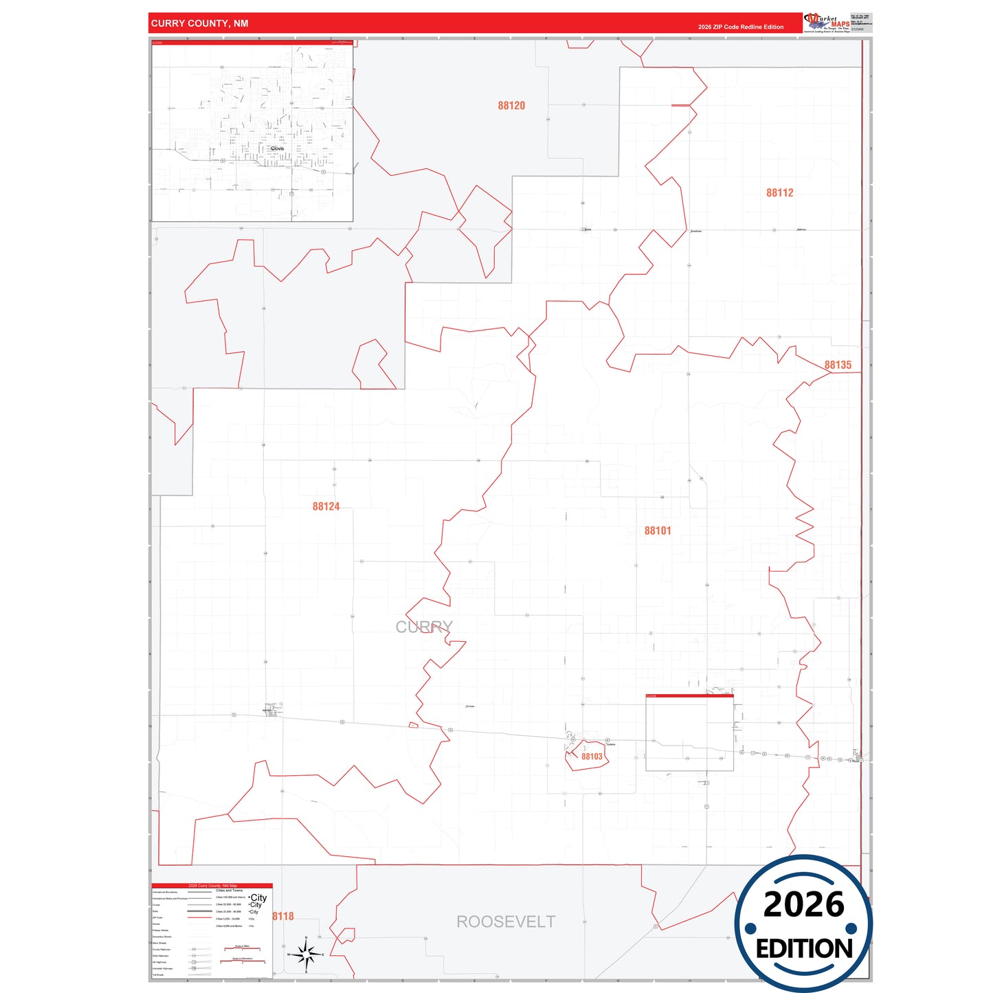Curry County, NM Red Line 5 Digit ZIP Code Wall Map