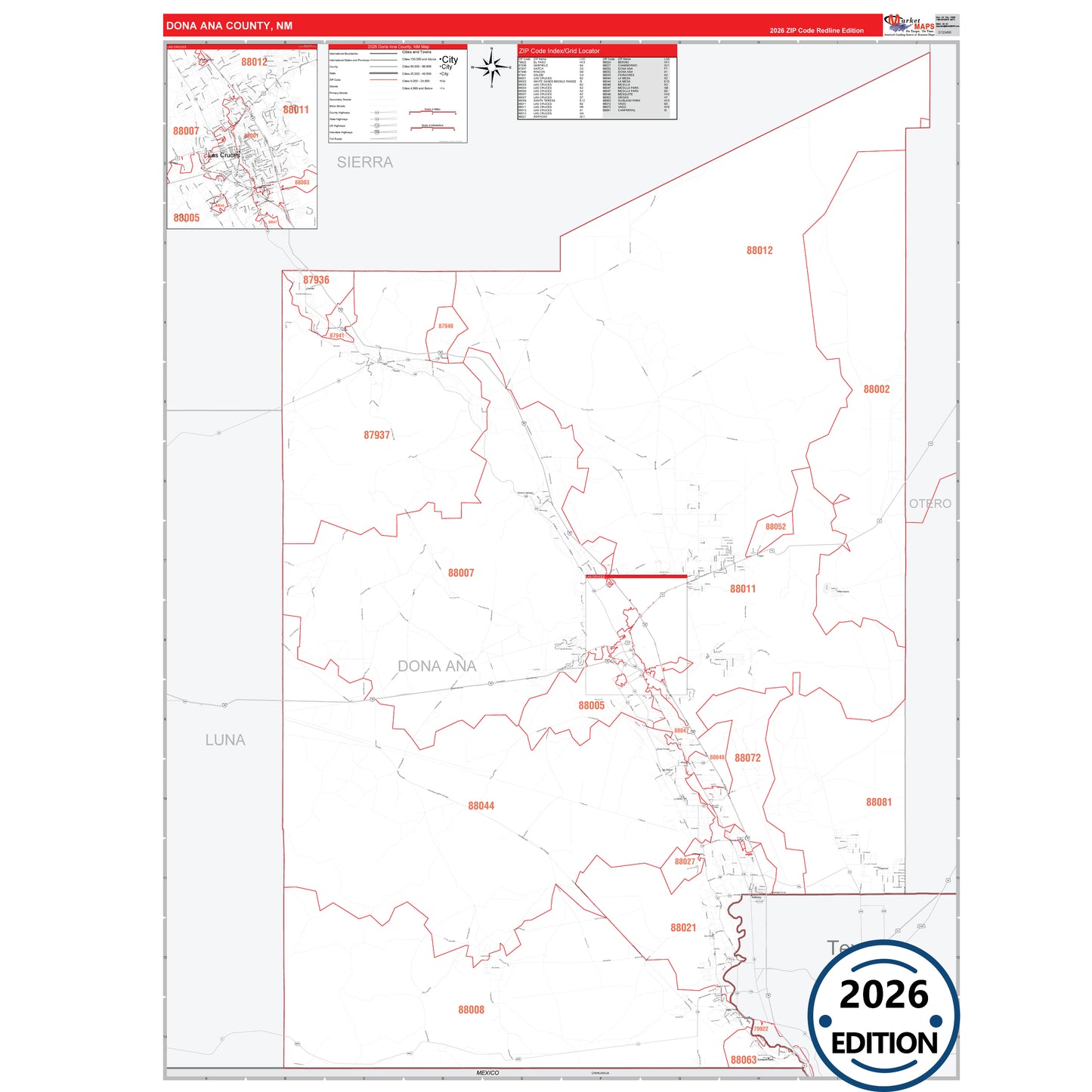 Dona Ana County, NM Red Line 5 Digit ZIP Code Wall Map